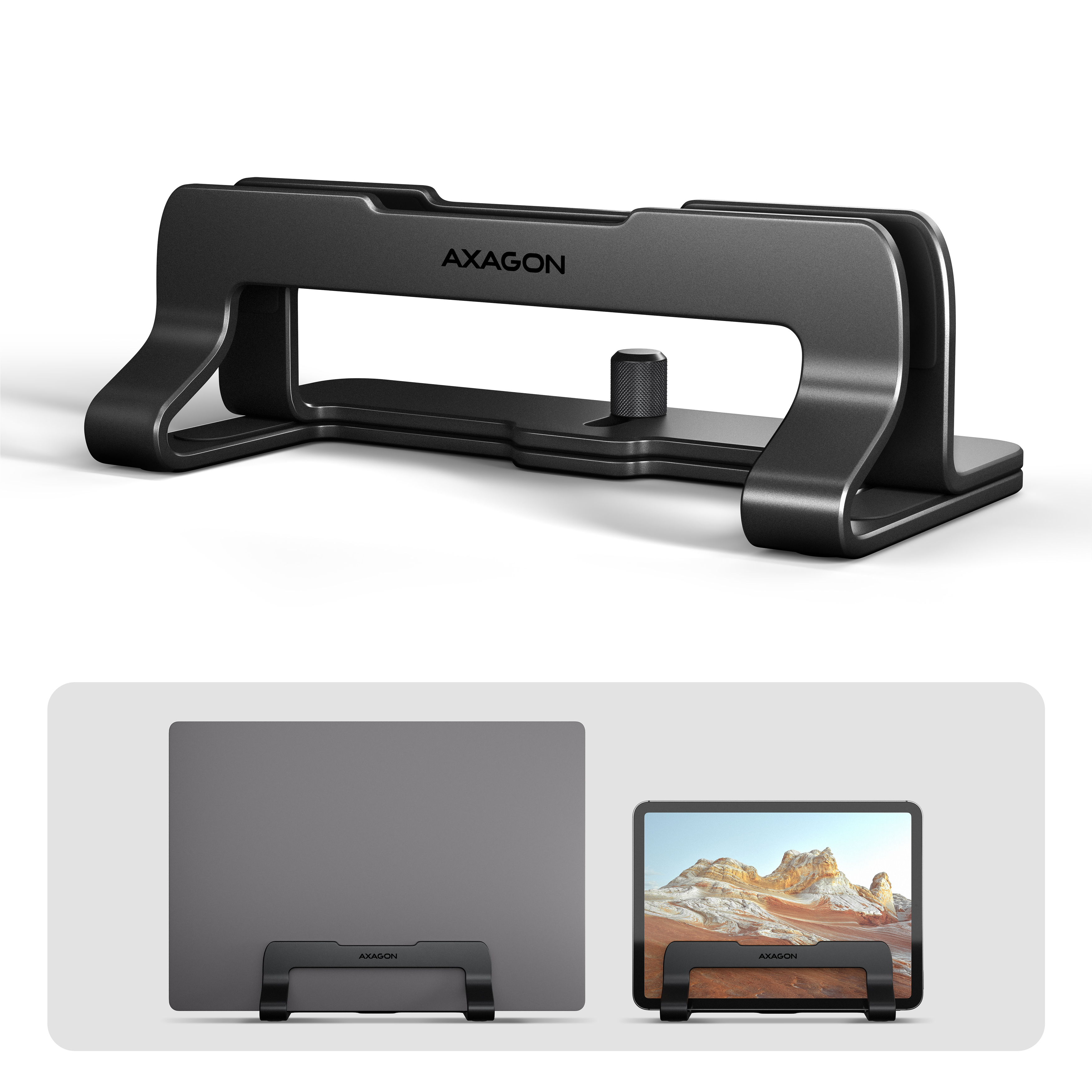 Axagon STND-VB Vertikaler Laptop-St�nder, einstellbare Breite, Aluminium Soporte para ordenador port�til y tableta Negro 43,9 cm (17.3)