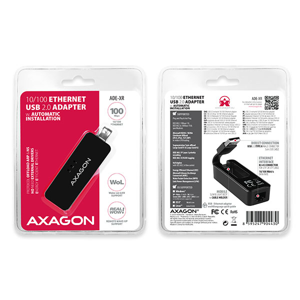 Axagon ADE-XR cable gender changer USB 2.0 RJ-45 Black