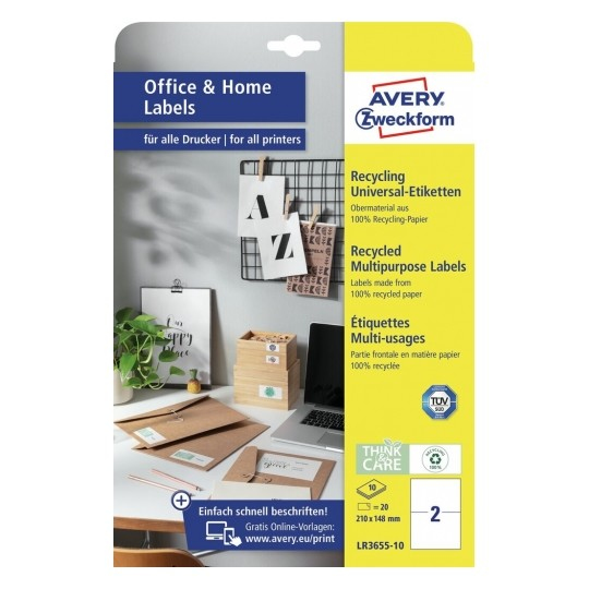 Avery LR3655-10 etiqueta autoadhesiva Rect�ngulo Permanente Blanco 20 pieza(s)