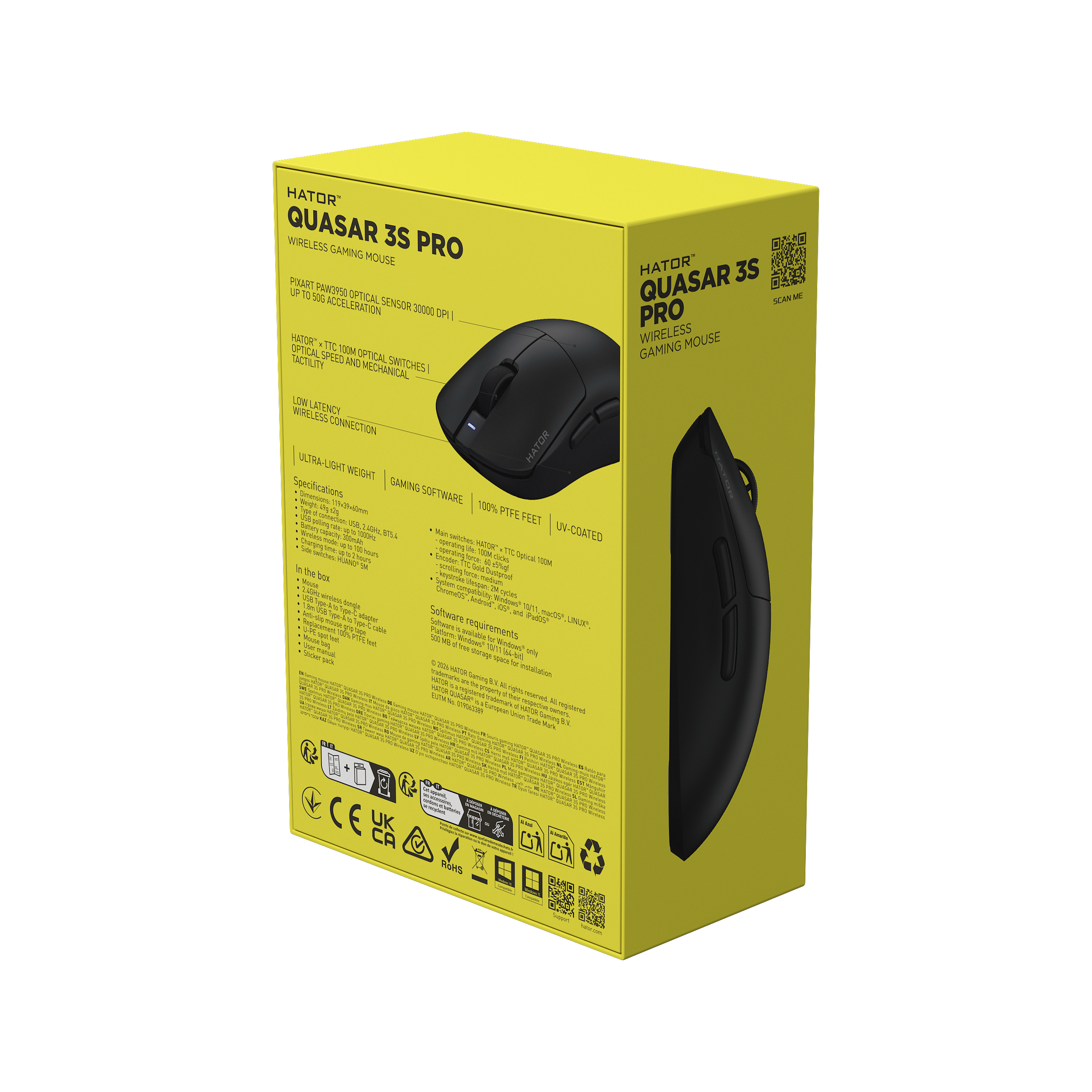 HATOR Quasar 3S Pro Wireless mouse Gaming Mano destra RF Wireless + Bluetooth + USB Type-C Ottico 30000 DPI