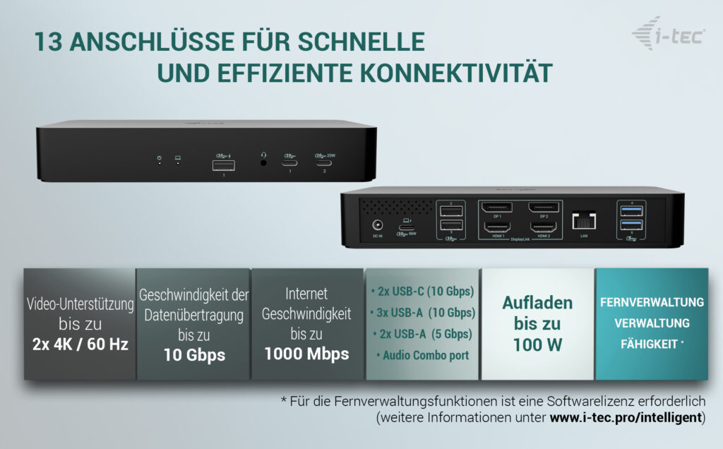i-tec Universal Intelligent Dual Display Docking Station + Power Delivery 100W