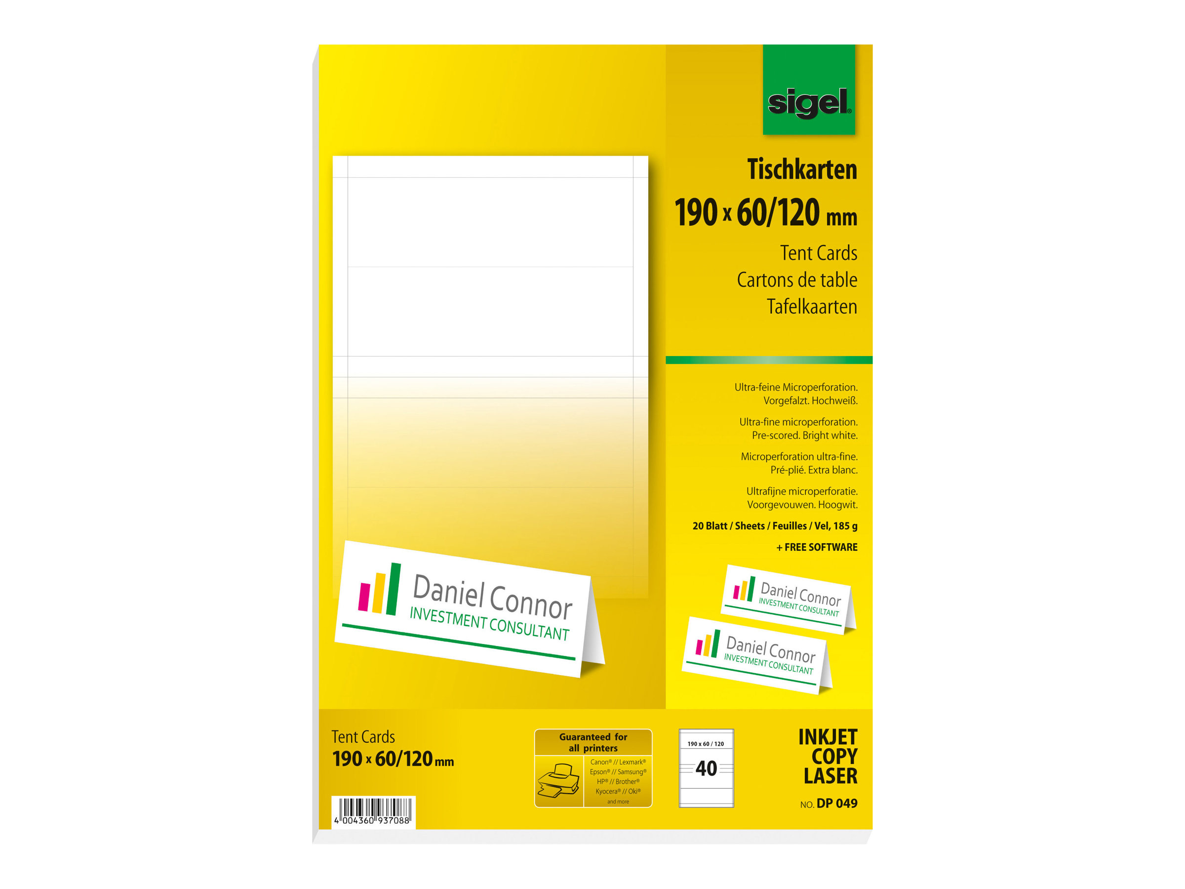 Sigel DP049 - Hochwei� - 190 x 60 mm - 185 g/m� - 40 Stck. (20 Bogen x 2)