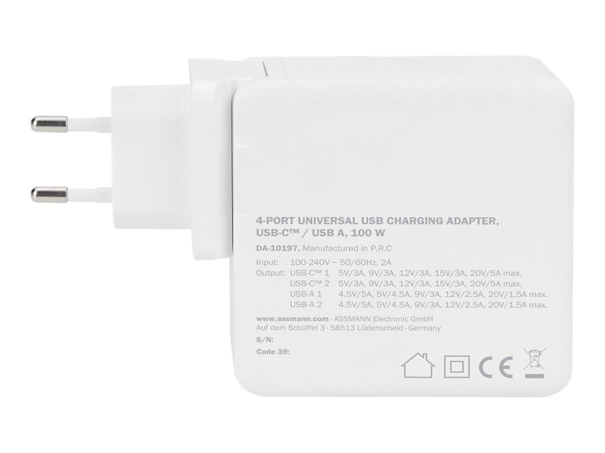 Digitus Adattatore di ricarica universale USB a 4 porte, USB-C / USB A, 100 W, GaN