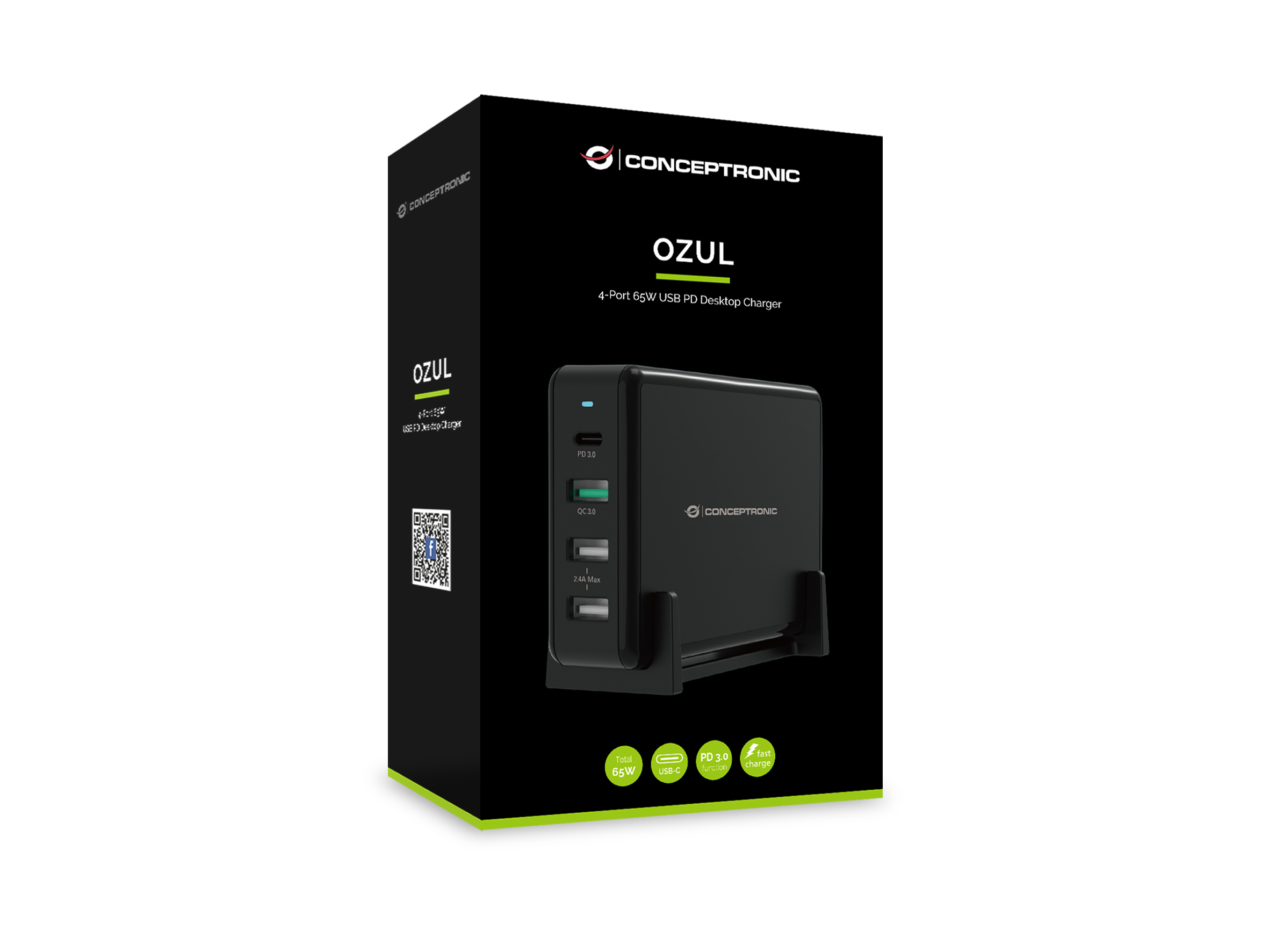 Conceptronic OZUL 4-Port 65W USB-PD Desktop-Ladegert - Drinnen - AC - 5 V - Schwarz
