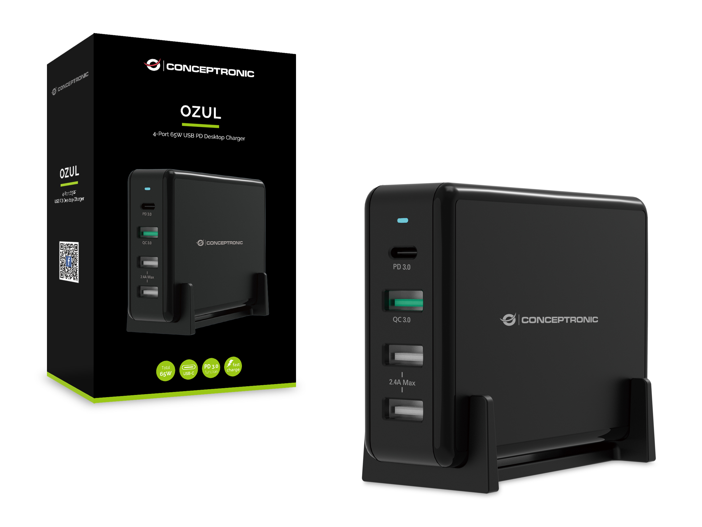 Conceptronic OZUL 4-Port 65W USB-PD Desktop-Ladegert - Drinnen - AC - 5 V - Schwarz