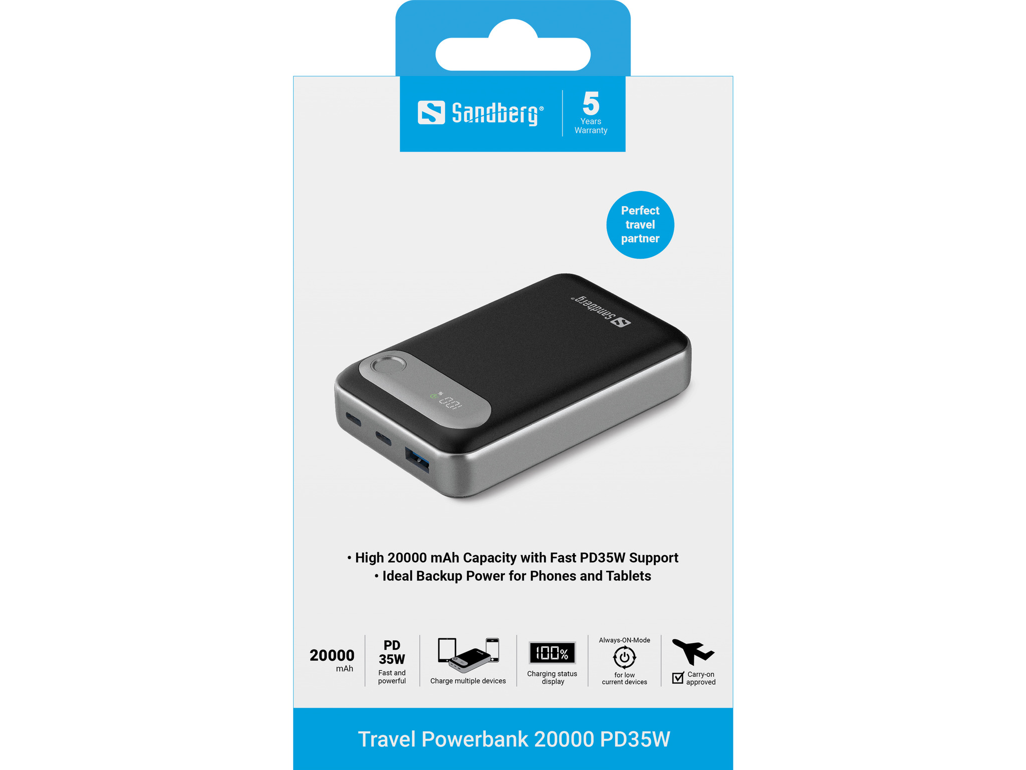 SANDBERG Travel - Netzteil - Li-Ion - 20000 mAh - 74 Wh - 35 Watt - 3 A - PD - 3 Ausgabeanschlussstellen (USB, 2 x USB-C)