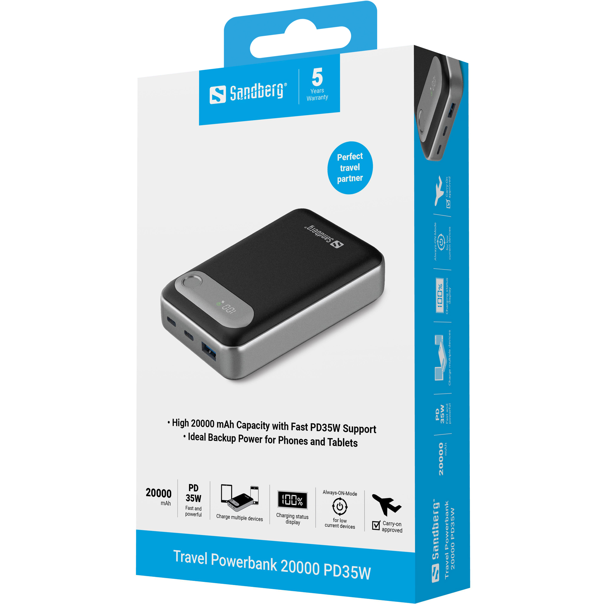 SANDBERG Travel - Netzteil - Li-Ion - 20000 mAh - 74 Wh - 35 Watt - 3 A - PD - 3 Ausgabeanschlussstellen (USB, 2 x USB-C)