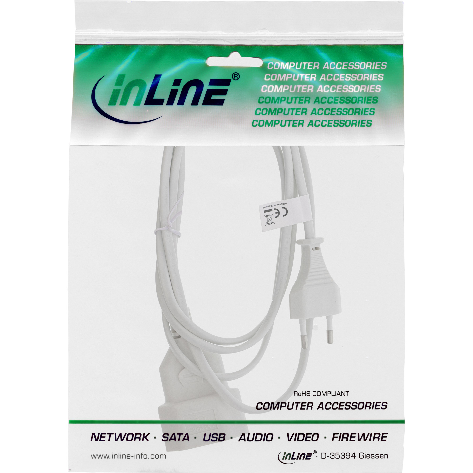 InLine Euro Type C Plug Power Extension male / female, white, 5m