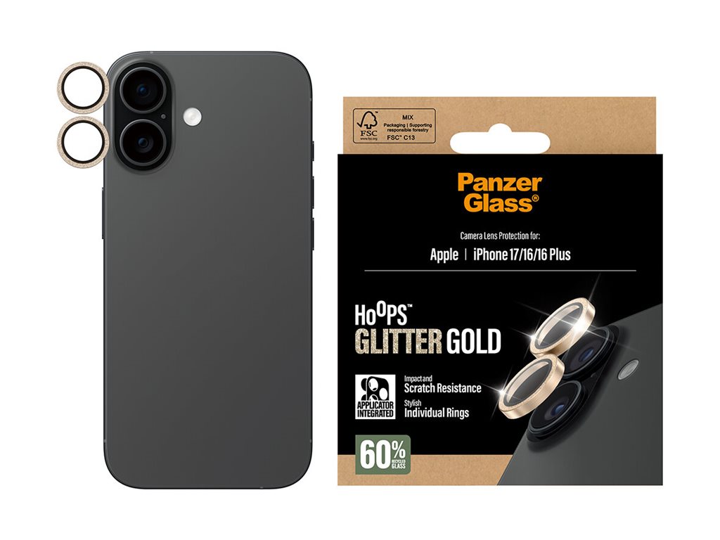 PanzerGlass � Hoops� Camera Lens Protector Glitter Gold iPhone 17 | iPhone 16 | 16 Plus Protection d�cran transparent Apple 1 pi�ce(s)