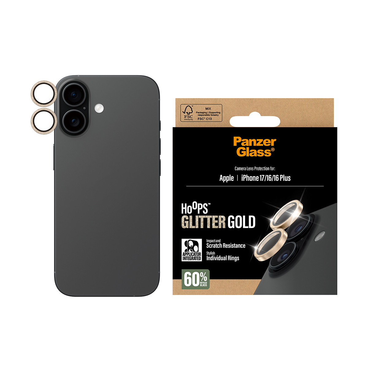 PanzerGlass � Hoops� Camera Lens Protector Glitter Gold iPhone 17 | iPhone 16 | 16 Plus Protection d�cran transparent Apple 1 pi�ce(s)