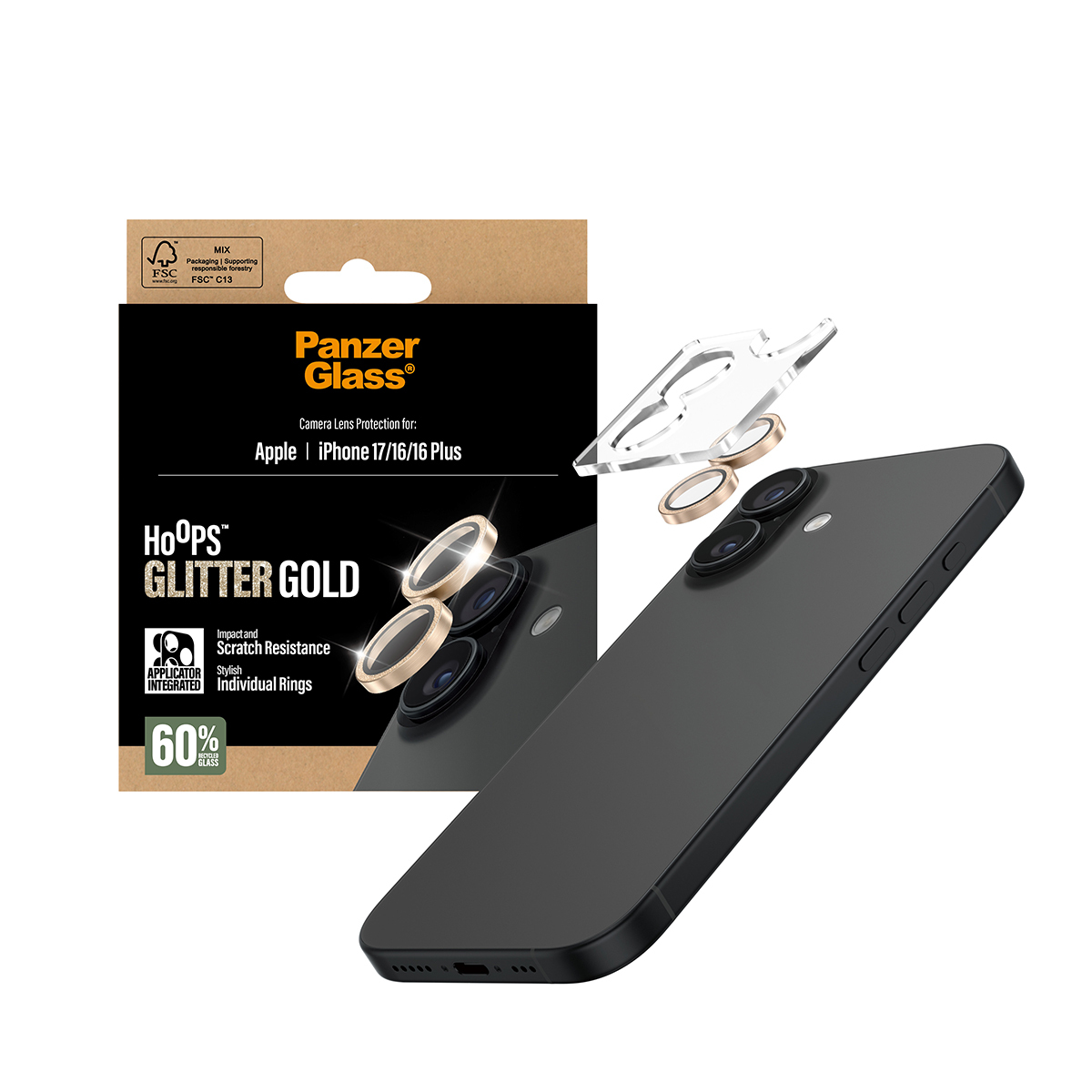PanzerGlass � Hoops� Camera Lens Protector Glitter Gold iPhone 17 | iPhone 16 | 16 Plus Protection d�cran transparent Apple 1 pi�ce(s)