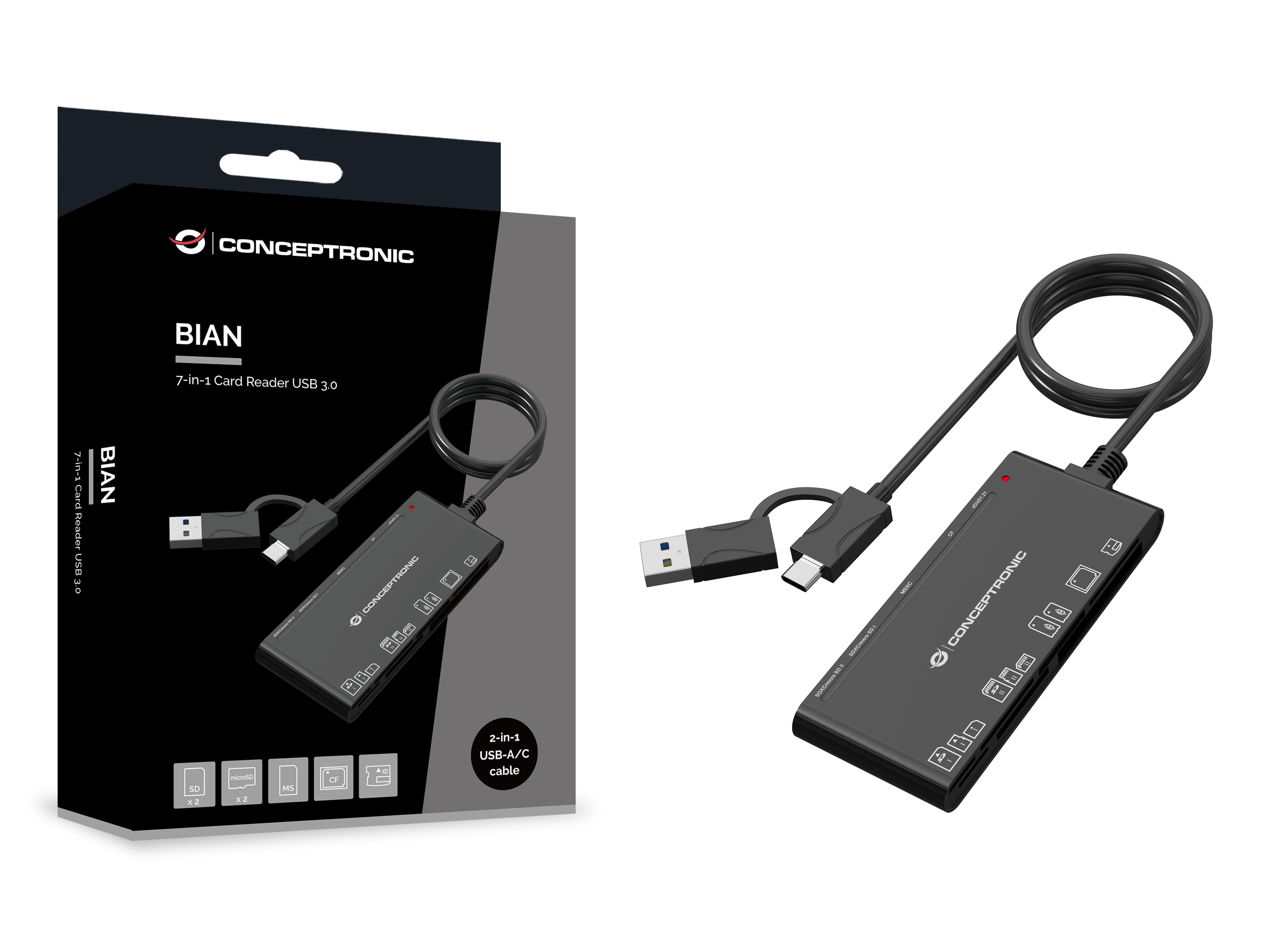 Conceptronic BIAN10B 7-in-1 Card Reader USB 3.0, SD x 2, MicroSD x 2, MS, CF, xD