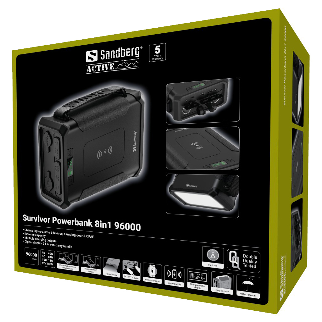 Sandberg Survivor Powerbank 8in1 96000, Tragbares Ladegerät, Extreme  Kapazität, Kabelloses Laden, USB-C, 12V/15A Zigarettenanzünder Output,  Laptop