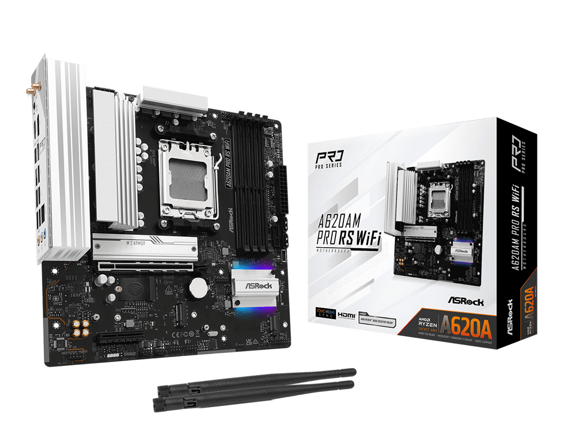 ASRock A620AM PRO RS WIFI - Motherboard - micro ATX - Socket AM5 - AMD A620A Chipsatz - USB 3.2 Gen 1, USB-C 3.2 Gen 1 - 2.5 Gigabit LAN, Wi-Fi 6E, Bluetooth - Onboard-Grafik (CPU erforderlich)