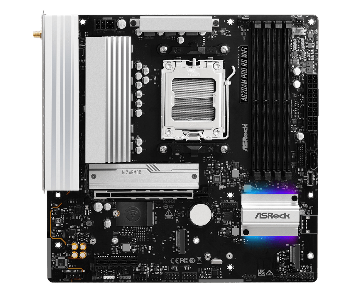 ASRock A620AM PRO RS WIFI - Motherboard - micro ATX - Socket AM5 - AMD A620A Chipsatz - USB 3.2 Gen 1, USB-C 3.2 Gen 1 - 2.5 Gigabit LAN, Wi-Fi 6E, Bluetooth - Onboard-Grafik (CPU erforderlich)
