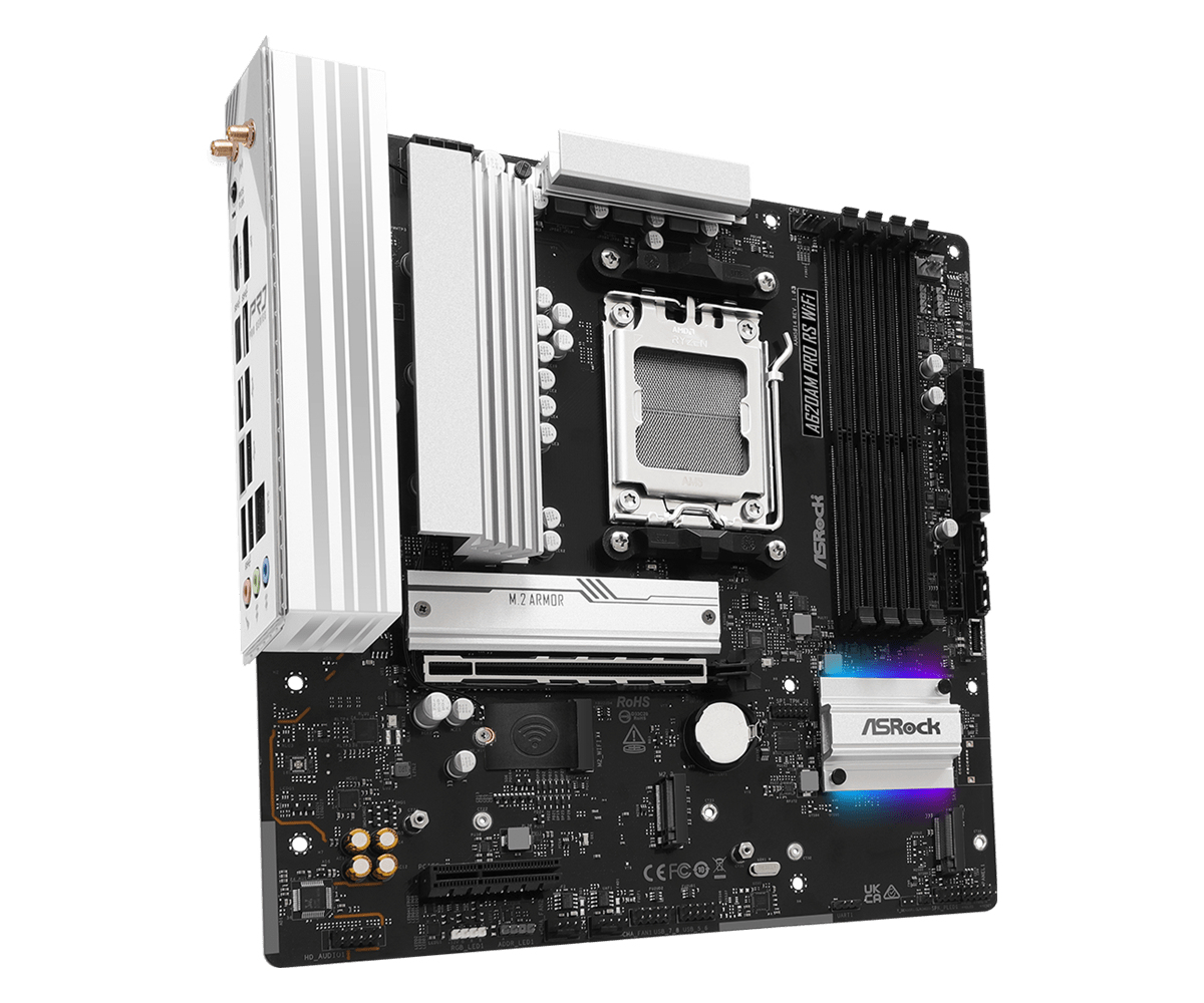 ASRock A620AM PRO RS WIFI - Motherboard - micro ATX - Socket AM5 - AMD A620A Chipsatz - USB 3.2 Gen 1, USB-C 3.2 Gen 1 - 2.5 Gigabit LAN, Wi-Fi 6E, Bluetooth - Onboard-Grafik (CPU erforderlich)