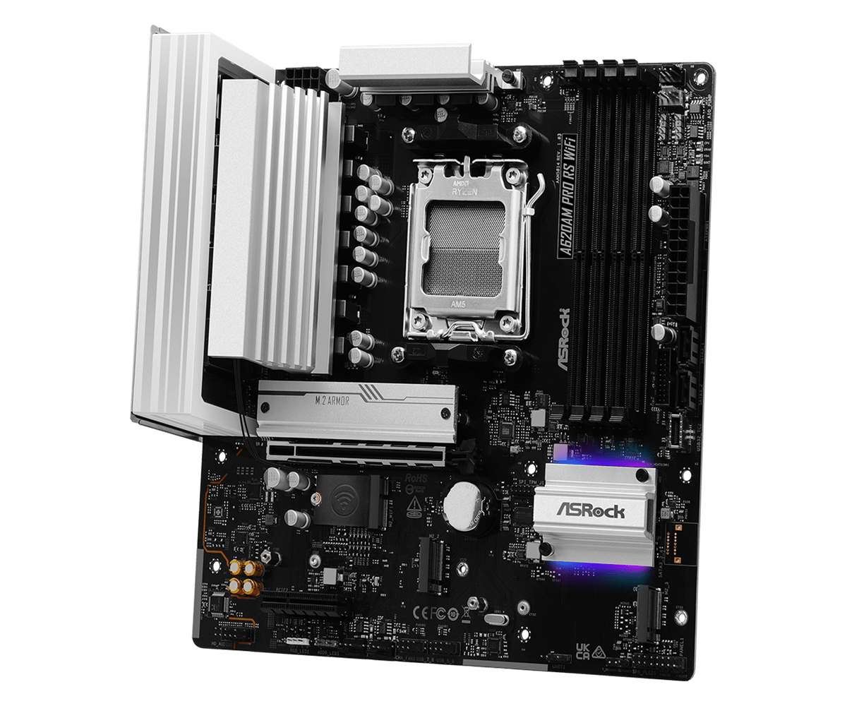 ASRock A620AM PRO RS WIFI - Motherboard - micro ATX - Socket AM5 - AMD A620A Chipsatz - USB 3.2 Gen 1, USB-C 3.2 Gen 1 - 2.5 Gigabit LAN, Wi-Fi 6E, Bluetooth - Onboard-Grafik (CPU erforderlich)