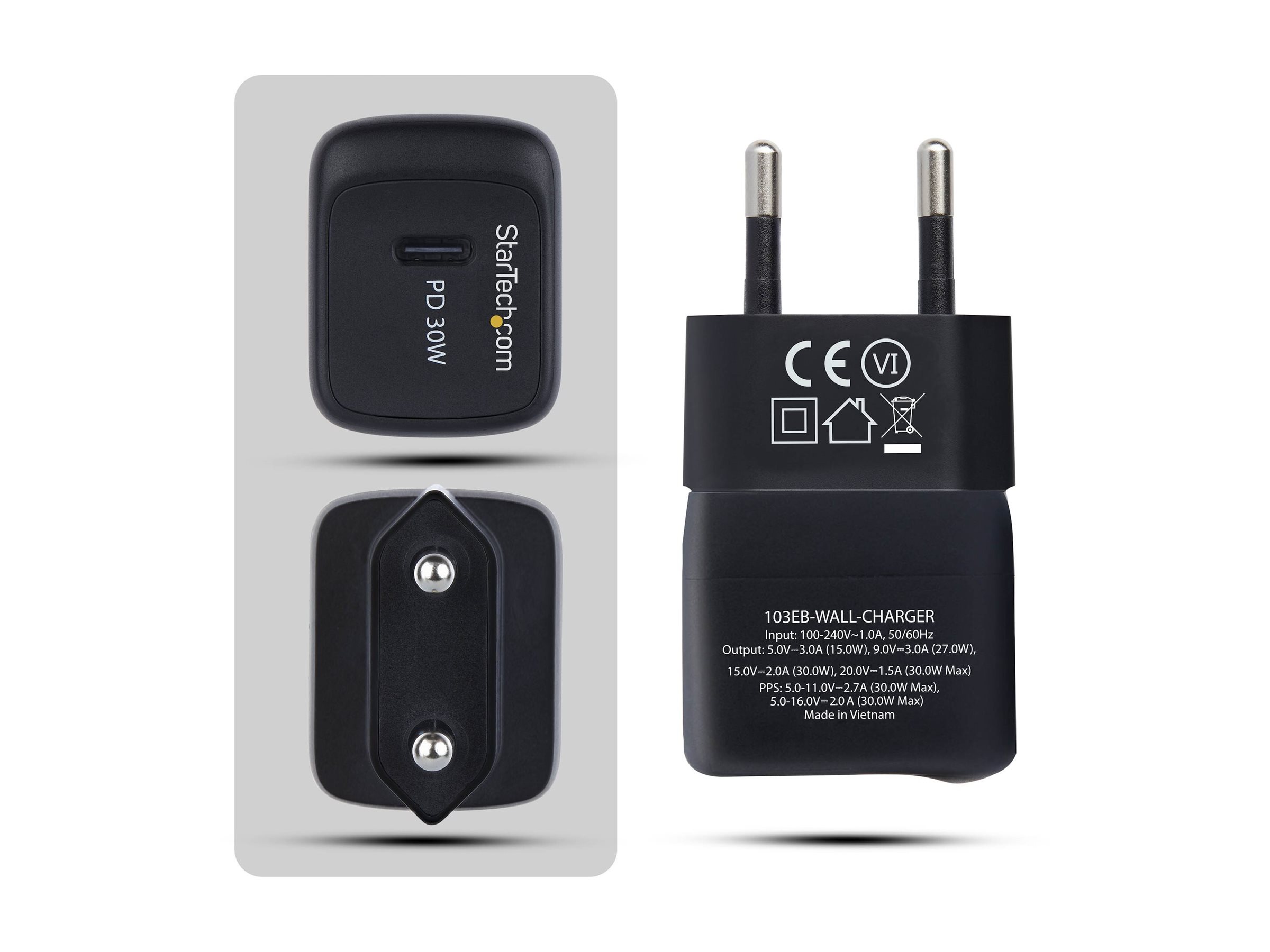 StarTech.com Chargeur Mural USB C 30W, Chargeur GaN Portable, Charge Rapide USB Power Delivery, GaN 5V/9V/15/20V PD, Chargeur USB-C, Noir
