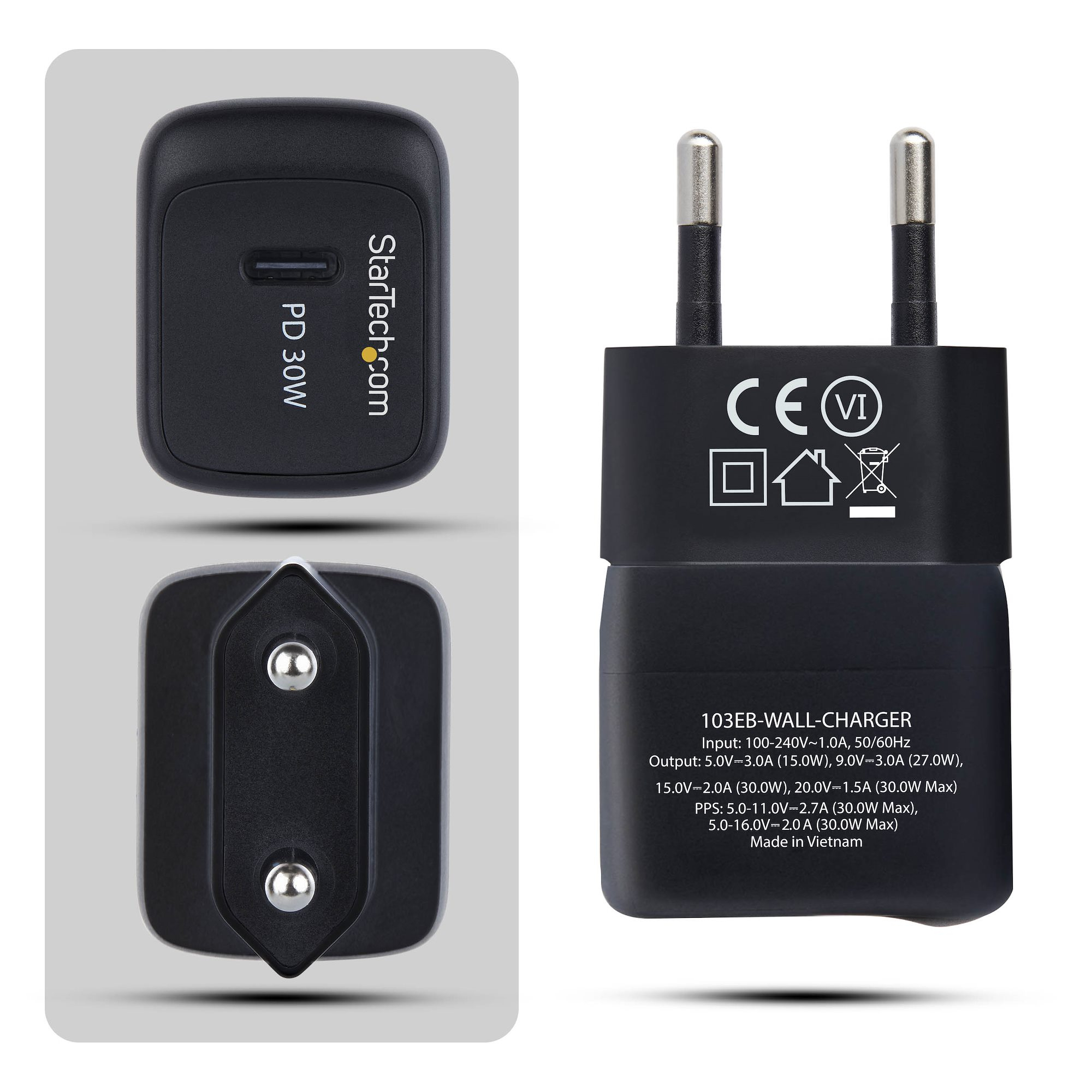 StarTech.com Chargeur Mural USB C 30W, Chargeur GaN Portable, Charge Rapide USB Power Delivery, GaN 5V/9V/15/20V PD, Chargeur USB-C, Noir