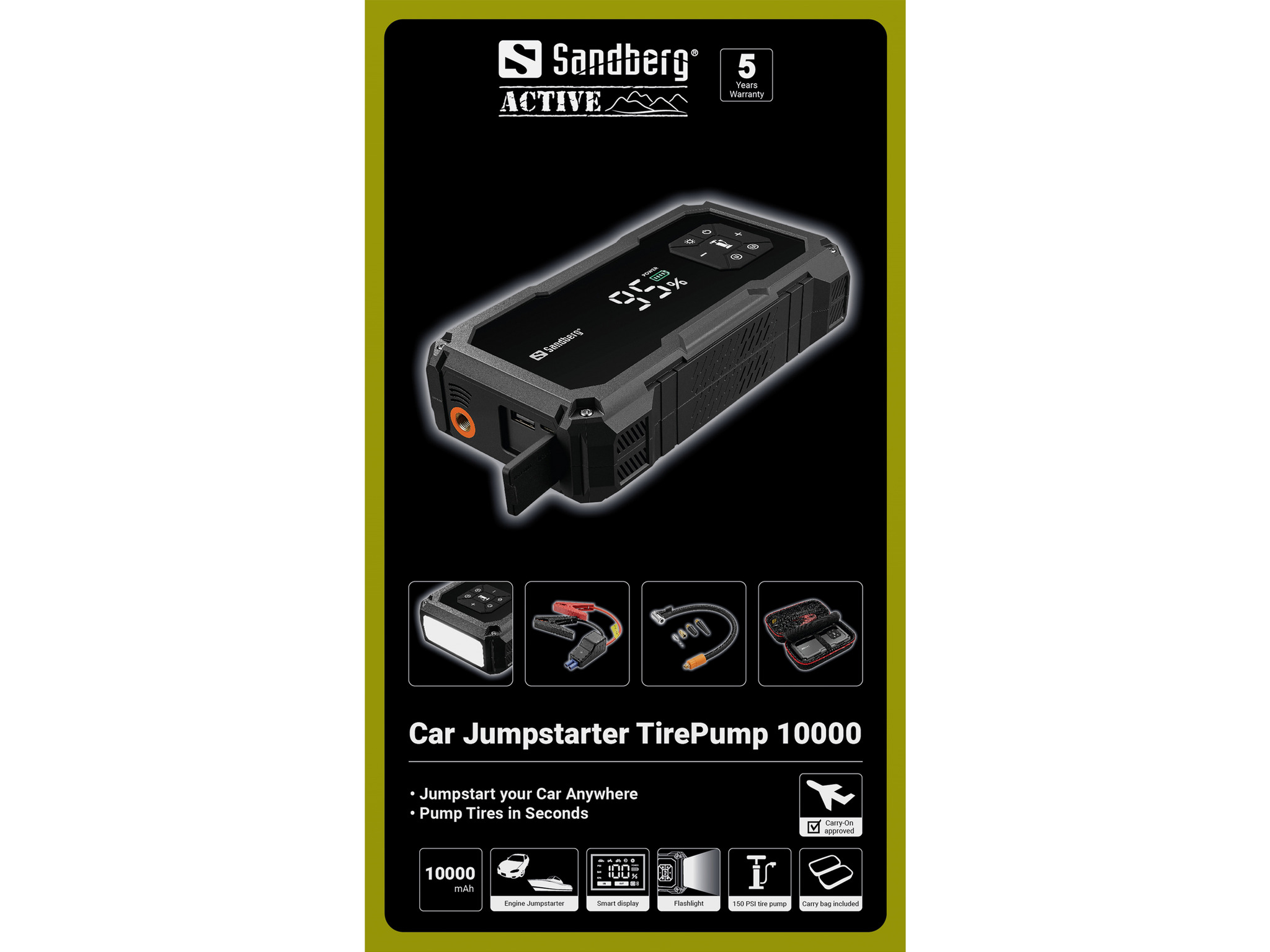 SANDBERG Active TirePump 10000 - Powerbank / Starthilfekabel - Li-Ion - 10000 mAh - 37 Wh - 800 A - 2 Ausgabeanschlussstellen (USB, Starthilfeanschluss)