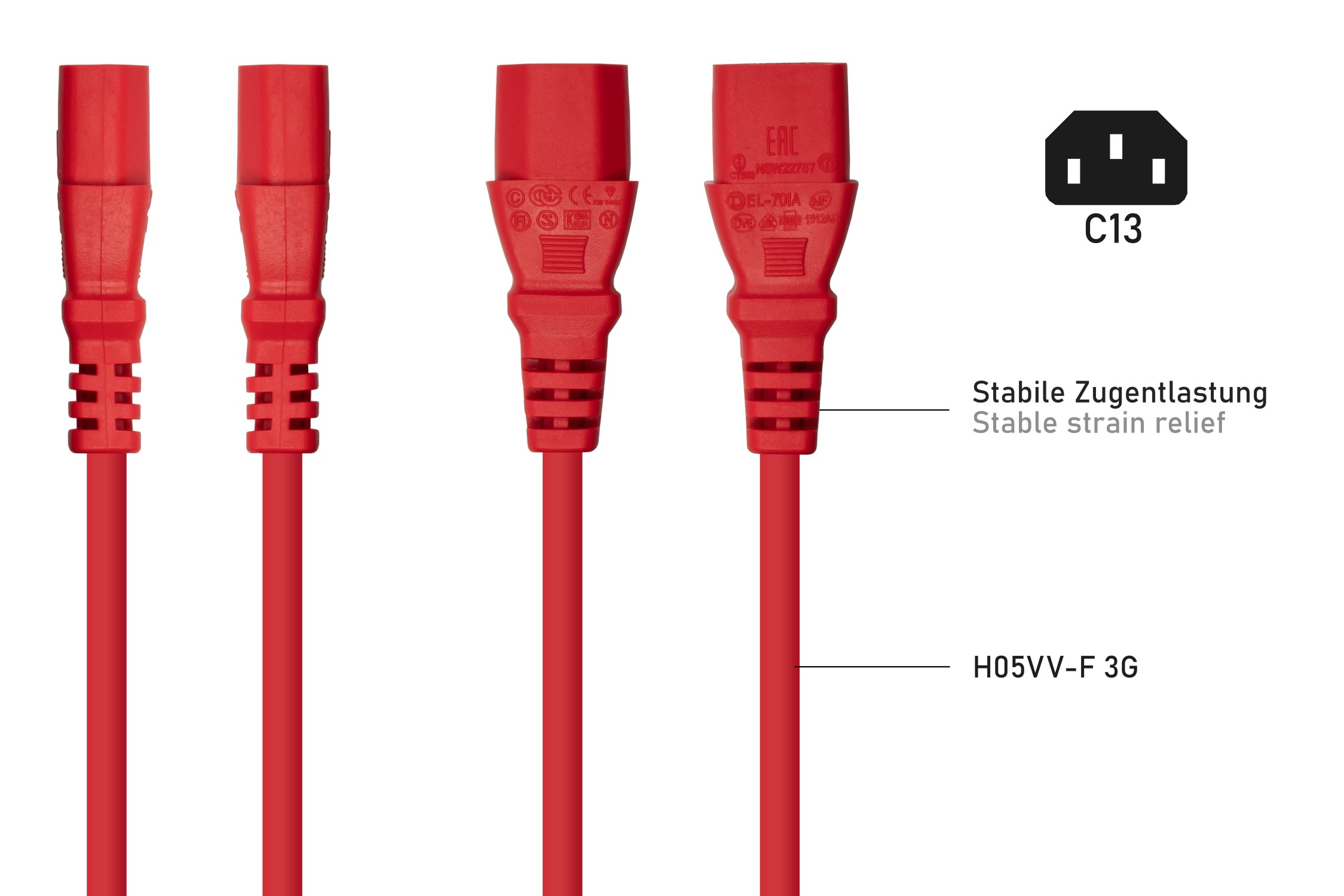 kabelmeister Kaltgerteverlngerung Kaltgerte-Stecker C14 an Kaltgerte-Buchse C13, rot, 1,00mm,