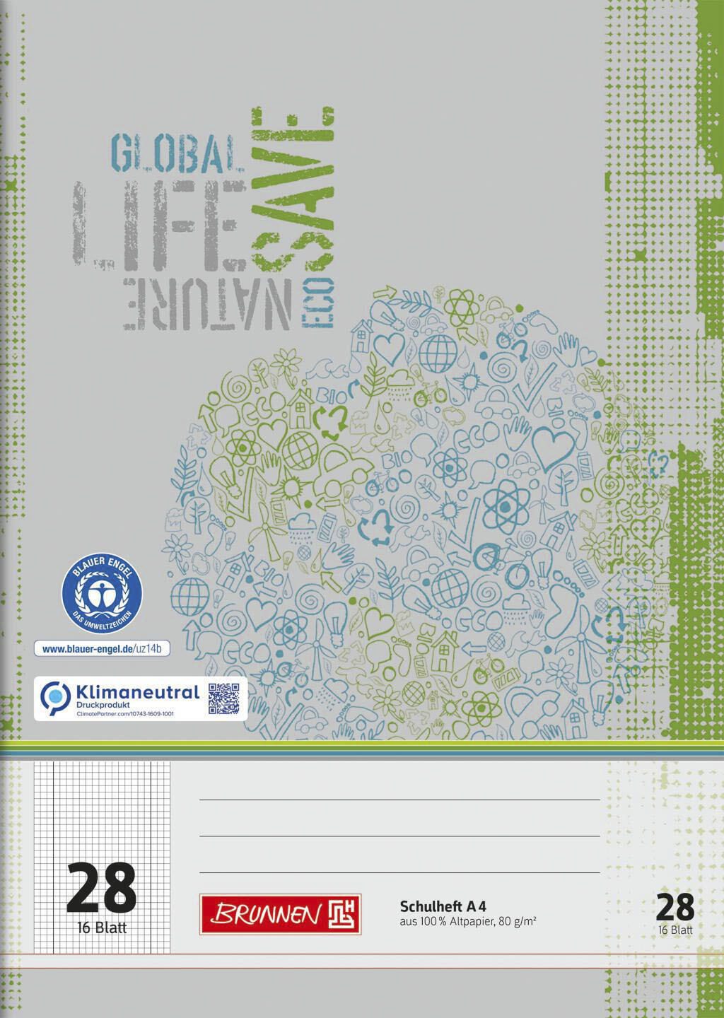 Brunnen Schulheft Recycling Lineatur 28 kariert Innen- und Au�enrand - B�rokleinmaterial