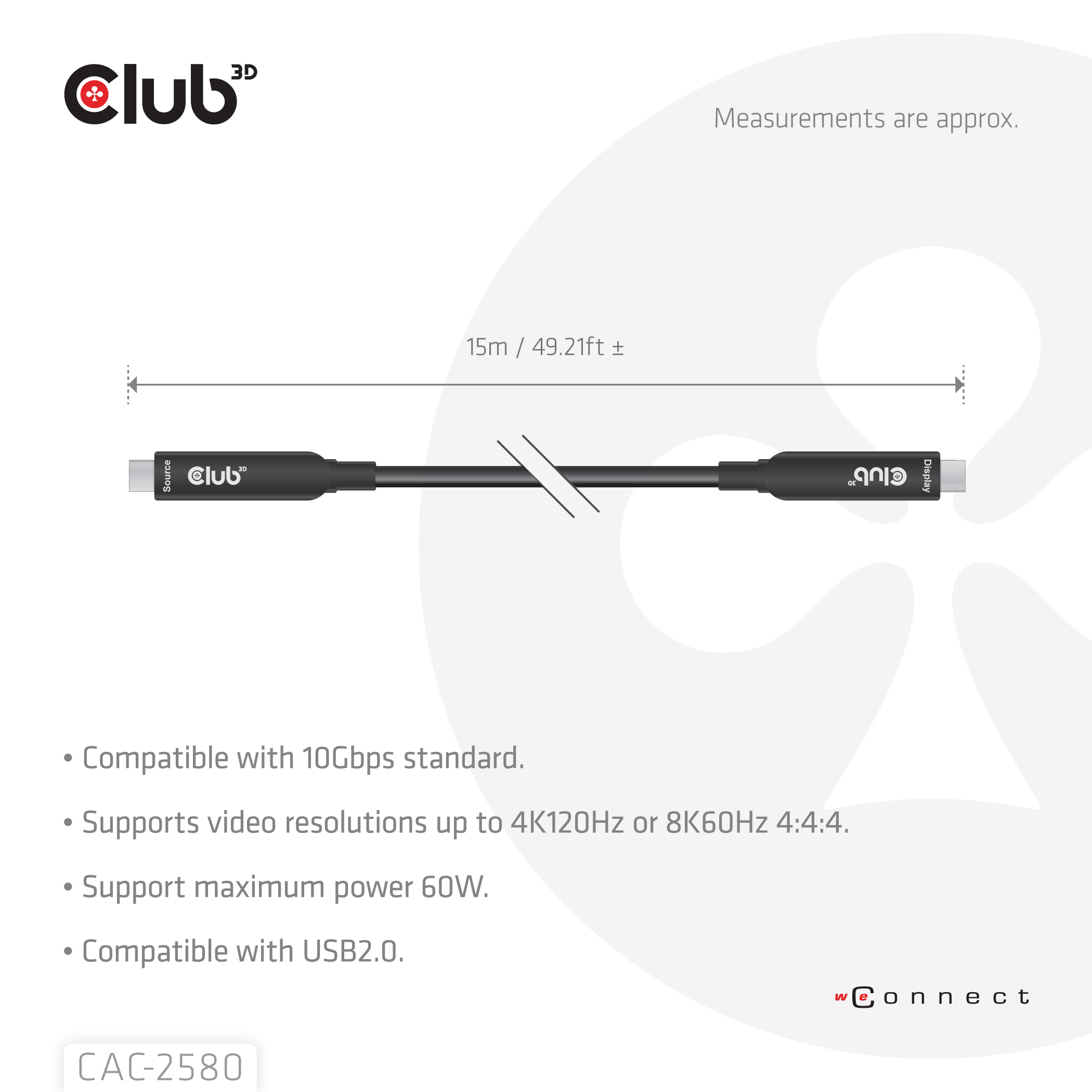 CLUB3D CAC-2580 Full-Feature USB-C� Cable 15m / 49.21ft 8K60Hz 10Gbps 60W