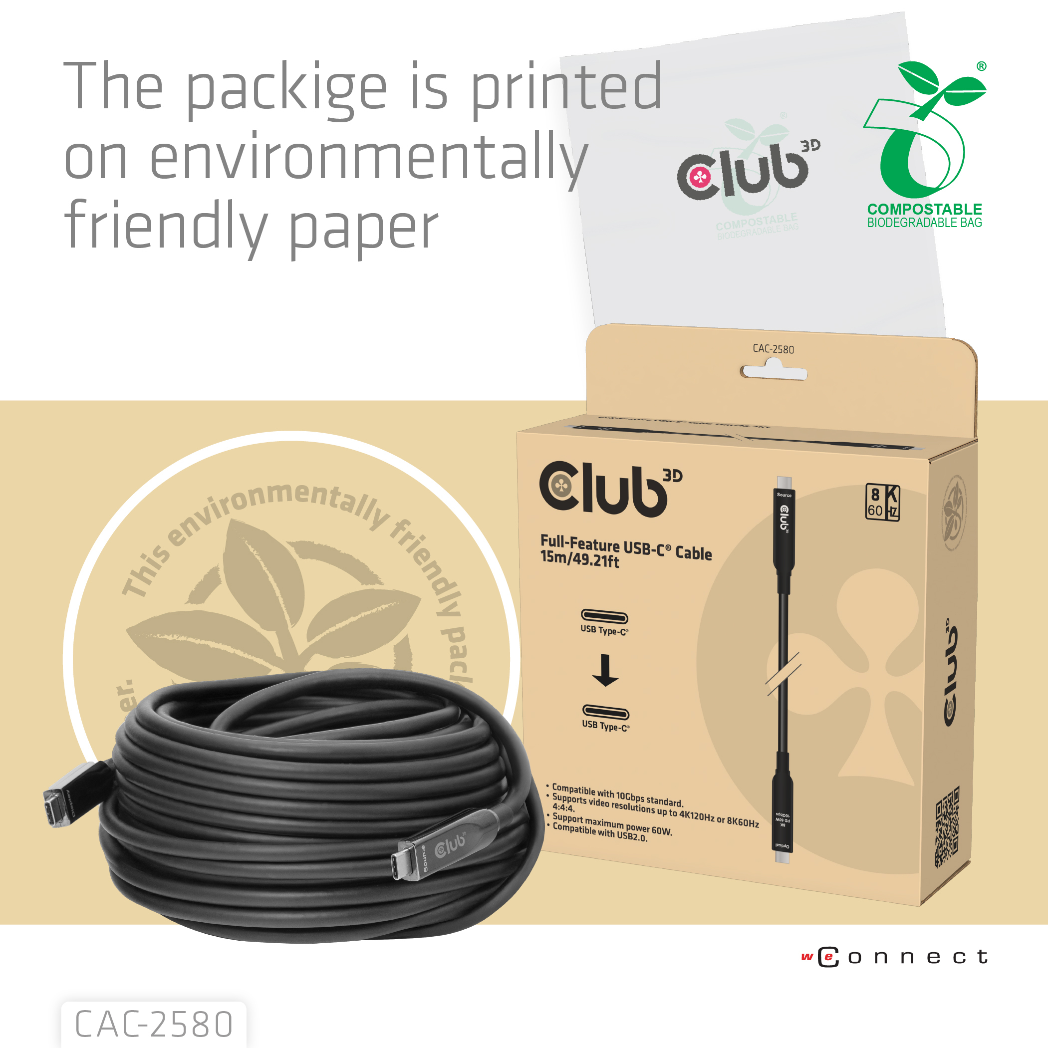 CLUB3D CAC-2580 Full-Feature USB-C� Cable 15m / 49.21ft 8K60Hz 10Gbps 60W