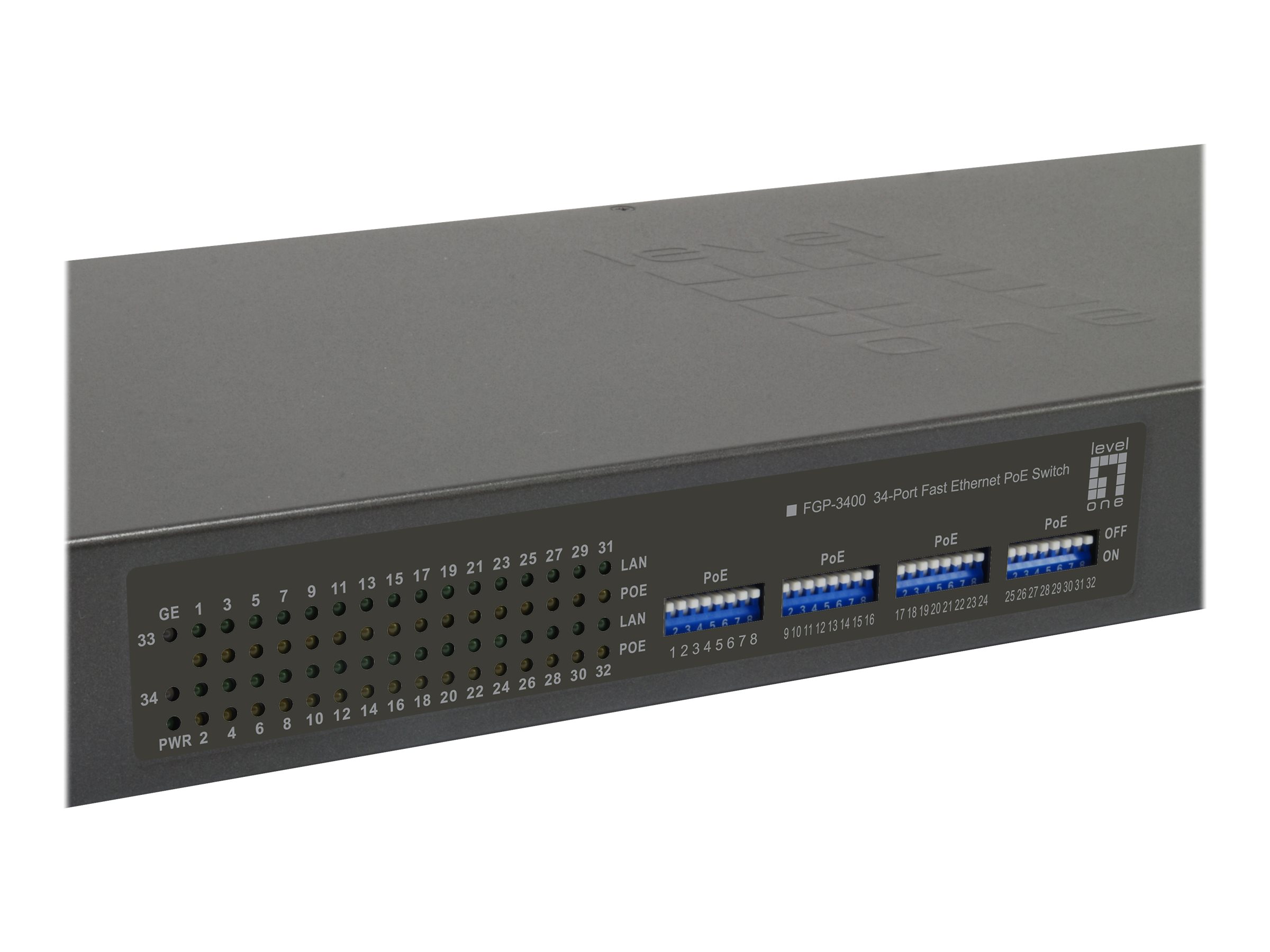 LevelOne 34-Port Fast Ethernet PoE Switch, 802.3at/af PoE, 32 PoE Outputs, 2 x Gigabit RJ45, 250W