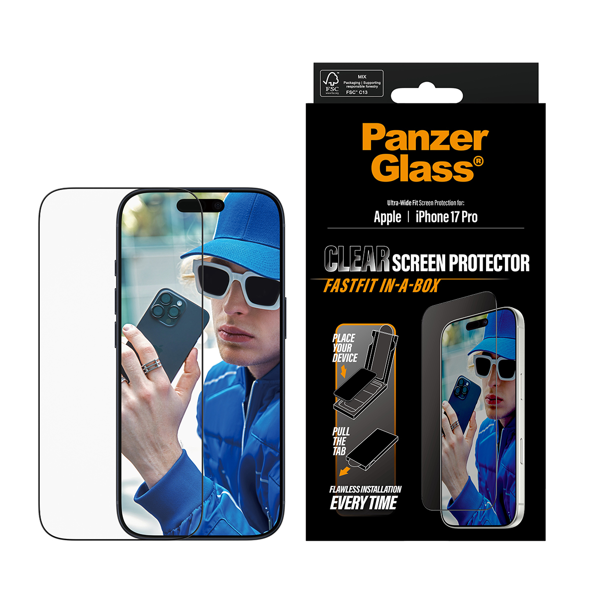 PanzerGlass Screen Protector w. black Frame iPhone 17 Pro Ultra-Wide Fit