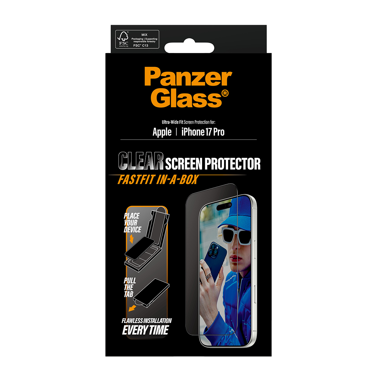 PanzerGlass Screen Protector w. black Frame iPhone 17 Pro Ultra-Wide Fit