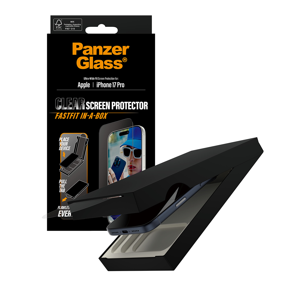 PanzerGlass Screen Protector w. black Frame iPhone 17 Pro Ultra-Wide Fit
