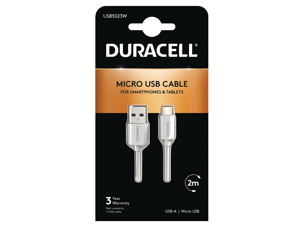 Duracell USB5023W c�ble USB 2.0 2 m USB A Micro-USB A Blanc