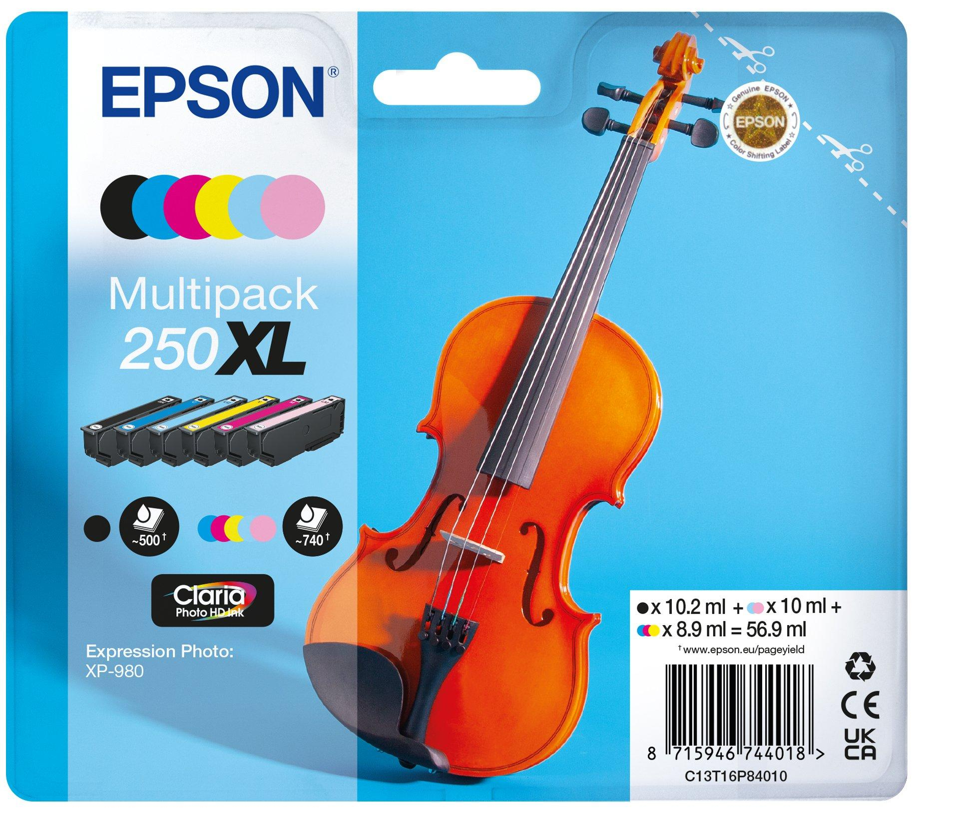Epson 250XL Violin Claria Photo HD cartuccia dinchiostro 6 pz Originale Resa elevata (XL) Nero, Ciano, Ciano chiaro, Magenta chiaro, Magenta, Giallo