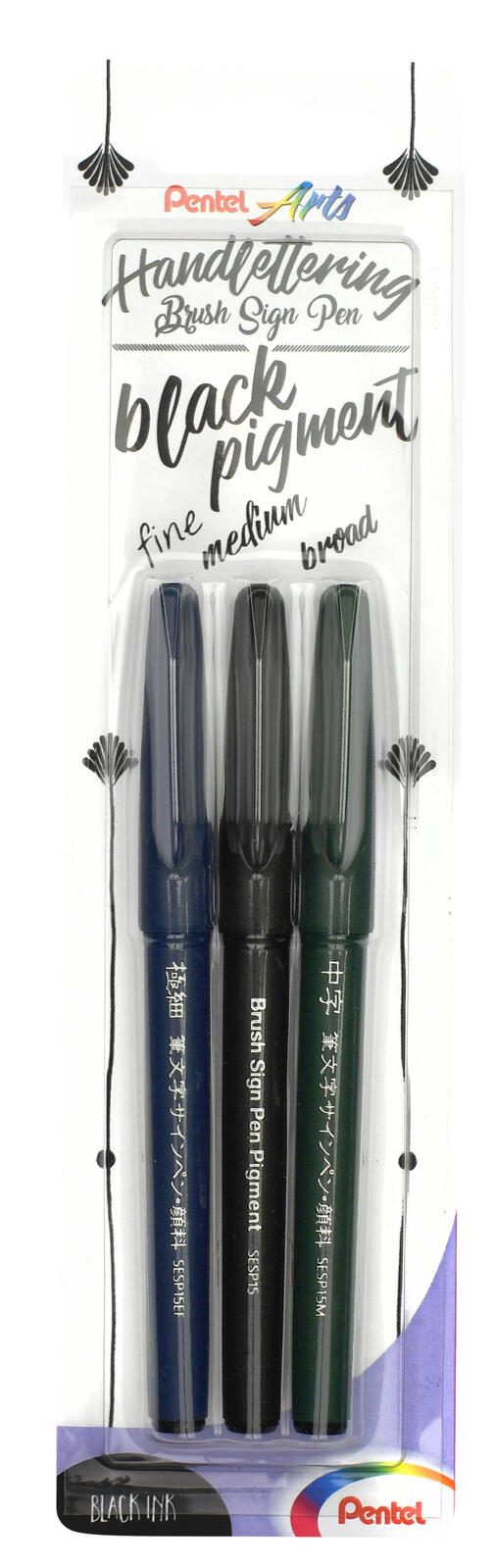 Pentel Arts Kalligrafiestift Sign Pen Brush schwarz 3er Set Faserschreiber mit