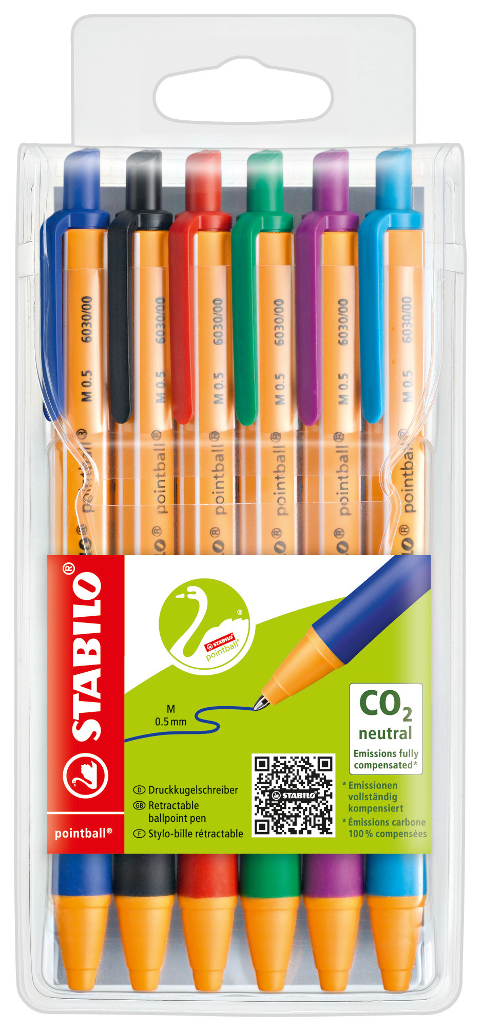 STABILO pointball - Kugelschreiber - Schwarz, Rot, Blau, Gr�n, T�rkis, fliederfarben� - 0.5 mm - Mittel - verstellbar (Packung mit 6)