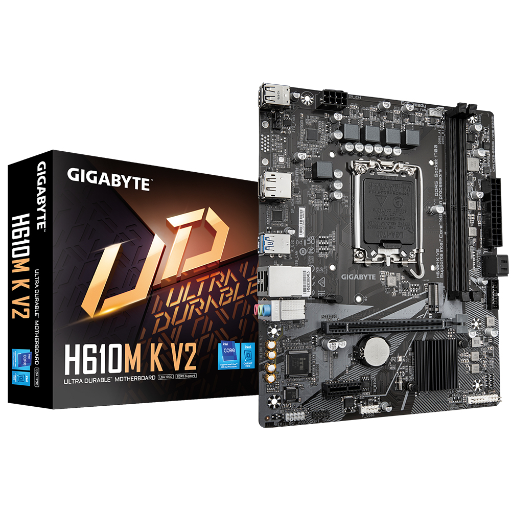GIGABYTE H610M K V2 Motherboard - Intel Core 14th CPUs, up to 5600MHz DDR5, 1xPCIe 3.0 M.2, 1GbE LAN, USB 3.2 Gen 1