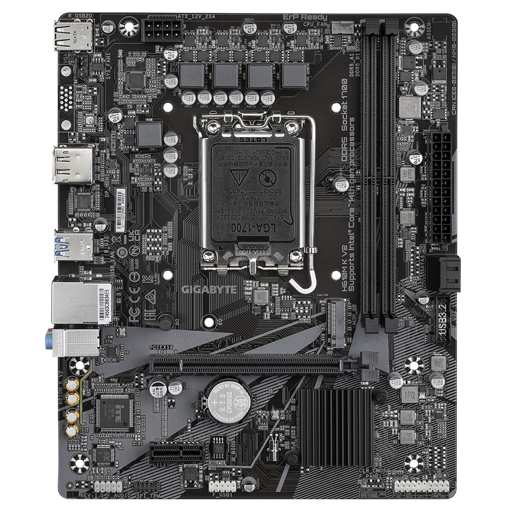 GIGABYTE H610M K V2 Motherboard - Intel Core 14th CPUs, up to 5600MHz DDR5, 1xPCIe 3.0 M.2, 1GbE LAN, USB 3.2 Gen 1