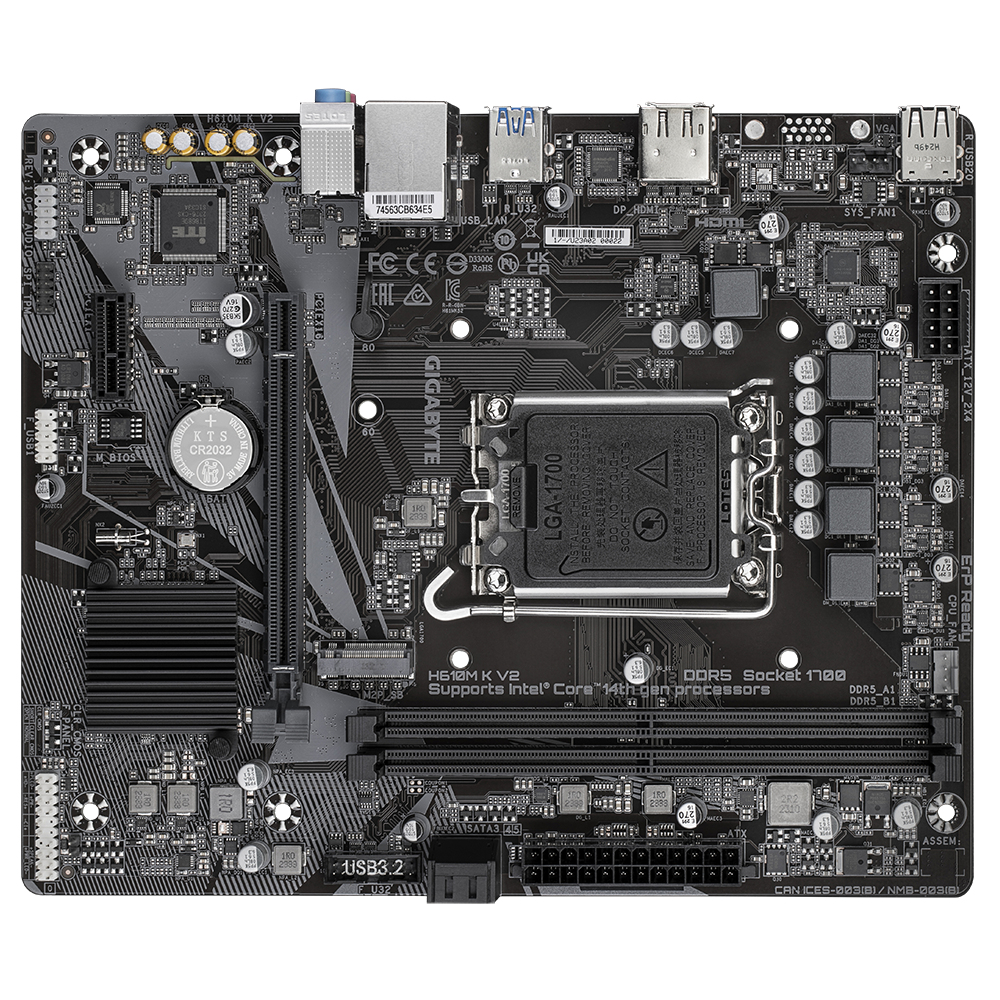 GIGABYTE H610M K V2 Motherboard - Intel Core 14th CPUs, up to 5600MHz DDR5, 1xPCIe 3.0 M.2, 1GbE LAN, USB 3.2 Gen 1