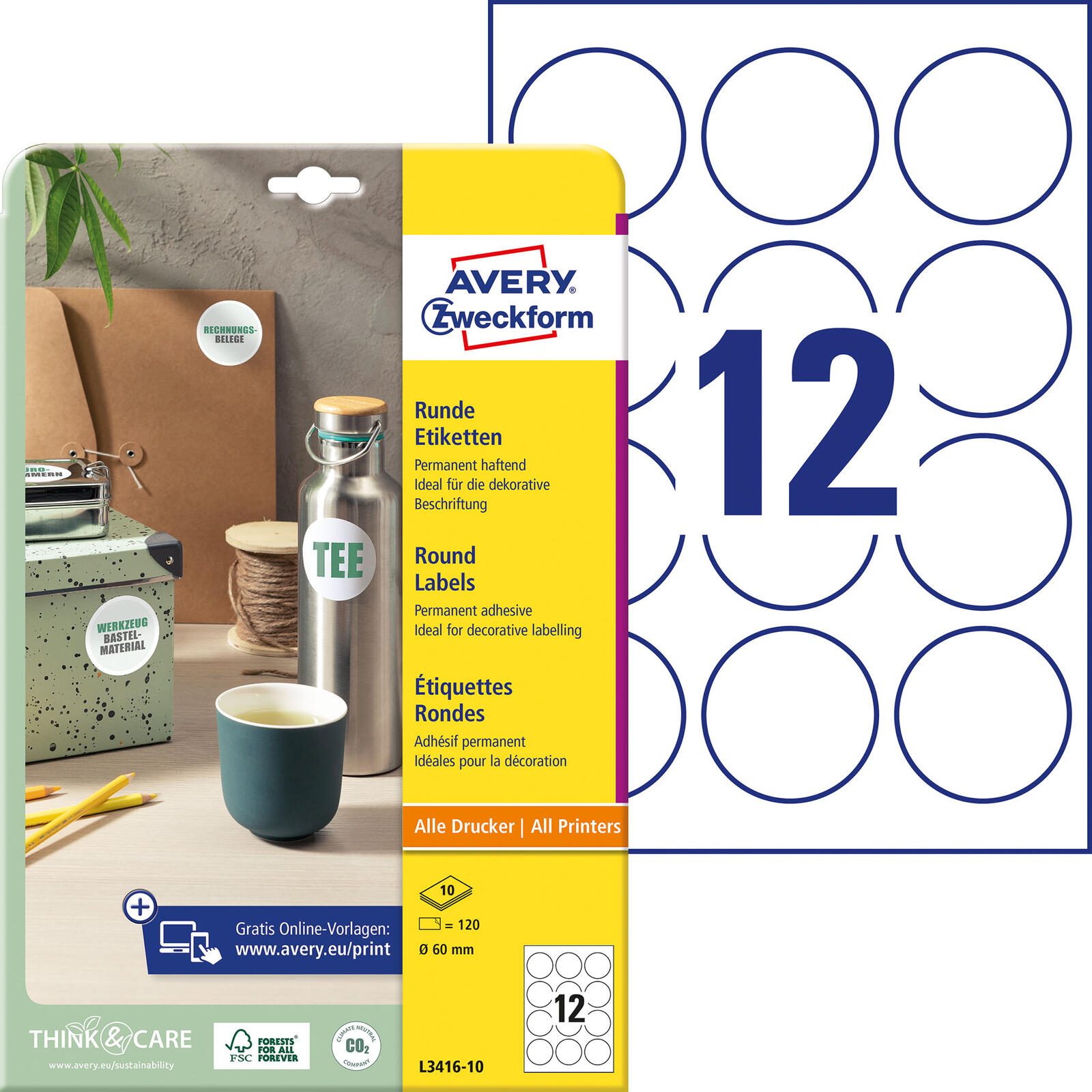 Avery Zweckform 120 Etiketten L3416-10 wei 60.0 x 60.0 mm - Etiketten/Beschriftungsbnder