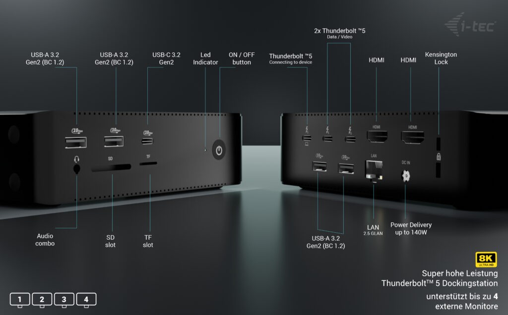 i-tec Thunderbolt5 Quattro Display Docking Station, 5x USB, 2.5 GLAN + Power Delivery 140W