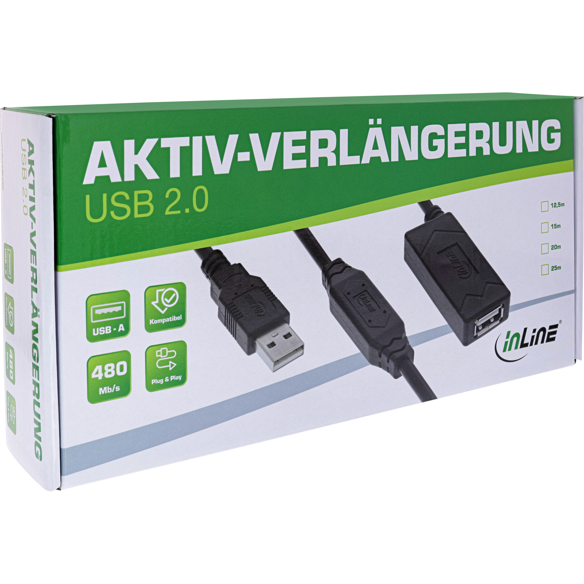 InLine USB 2.0 active extension, USB-A male/female, 20m