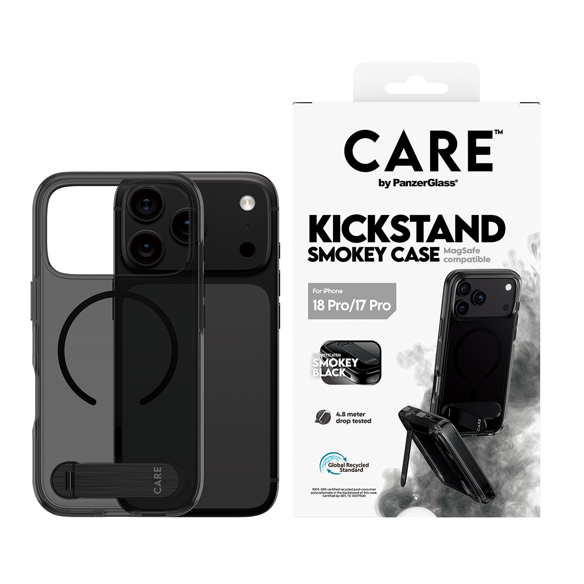 PanzerGlass CARE by � Kickstand Case Smokey w. Black MagSafe iPhone 2026 Pro | 17 Pro coque de protection pour t�l�phones portables Housse Transparent