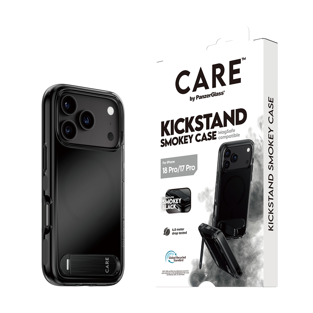 PanzerGlass CARE by � Kickstand Case Smokey w. Black MagSafe iPhone 2026 Pro | 17 Pro coque de protection pour t�l�phones portables Housse Transparent