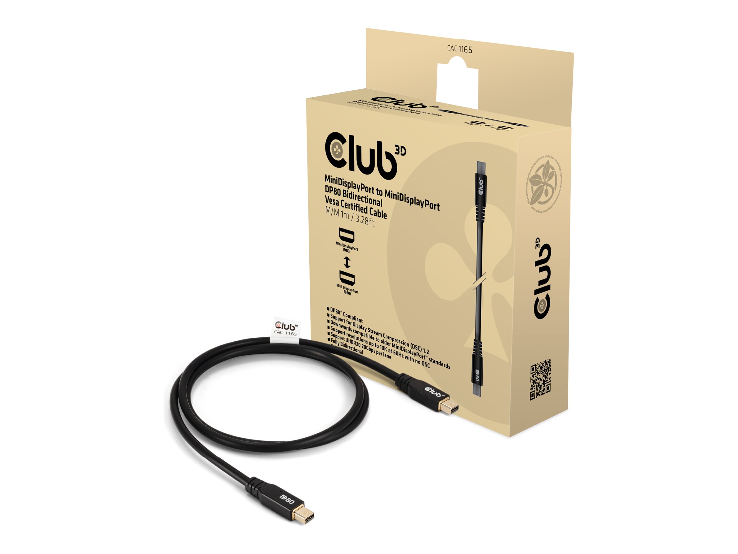 CLUB3D MINIDISPLAYPORT TO MINIDISPLAYPORT DP80BIDIRECTIONAL VESA CERTIFIED CABLE 1M/3.28 FT - Kabel