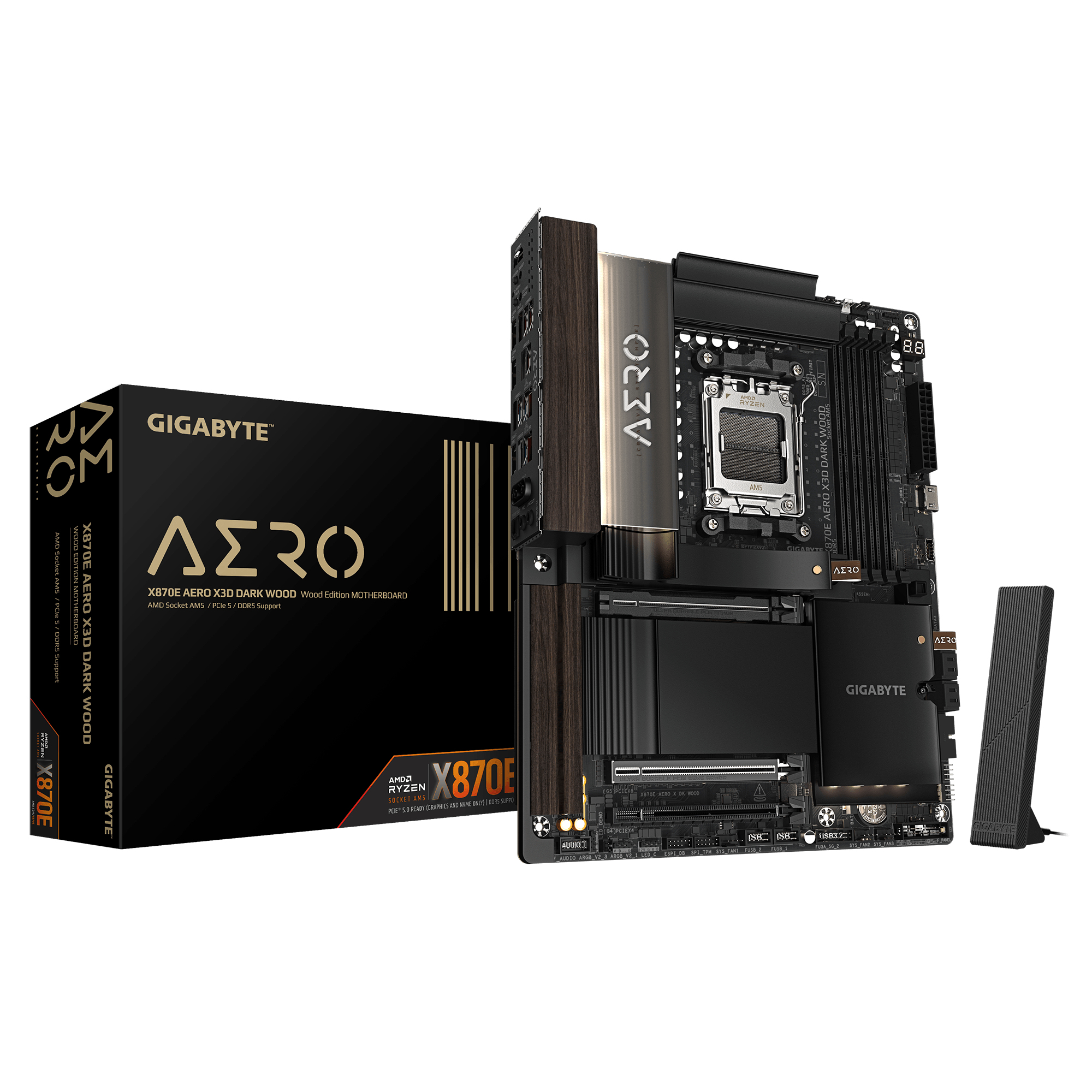 GIGABYTE X870E AERO X3D DARK WOOD Placa Base Compatible con CPUs AMD Ryzen 9000, VRM digital de 16+2+2 fases, hasta 9000 Hz DDR5 (OC), 2x PCIe 5.0 + 2x PCIe 4.0, Wi-Fi 7, LAN 5 GbE, USB 4