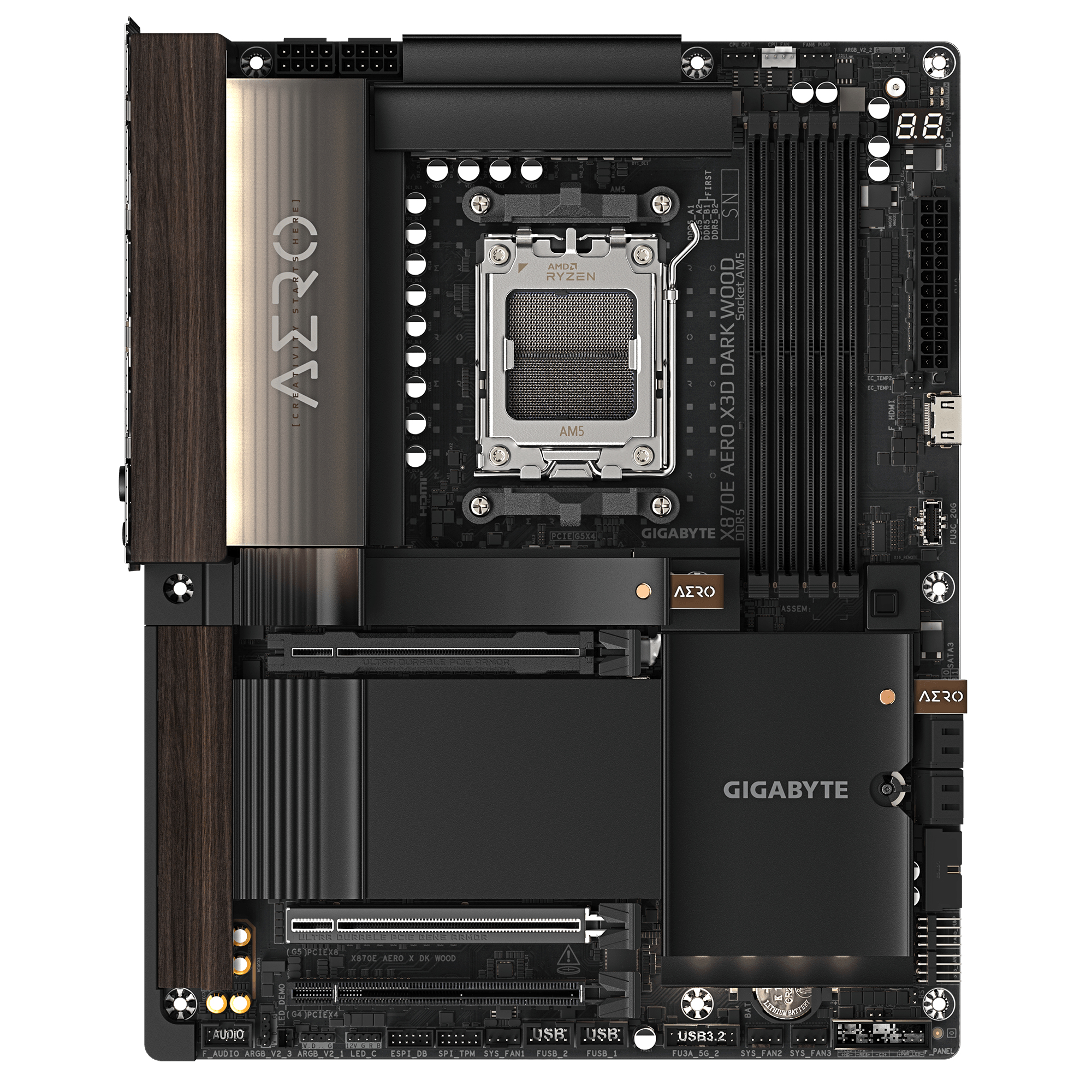 GIGABYTE X870E AERO X3D DARK WOOD Carte M�re Compatible avec les processeurs AMD Ryzen 9000, VRM num�rique 16+2+2 phases, jusqu � 9000 Hz DDR5 (OC), 2x PCIe 5.0 + 2x PCIe 4.0, Wi-Fi 7, LAN 5 GbE, USB 4