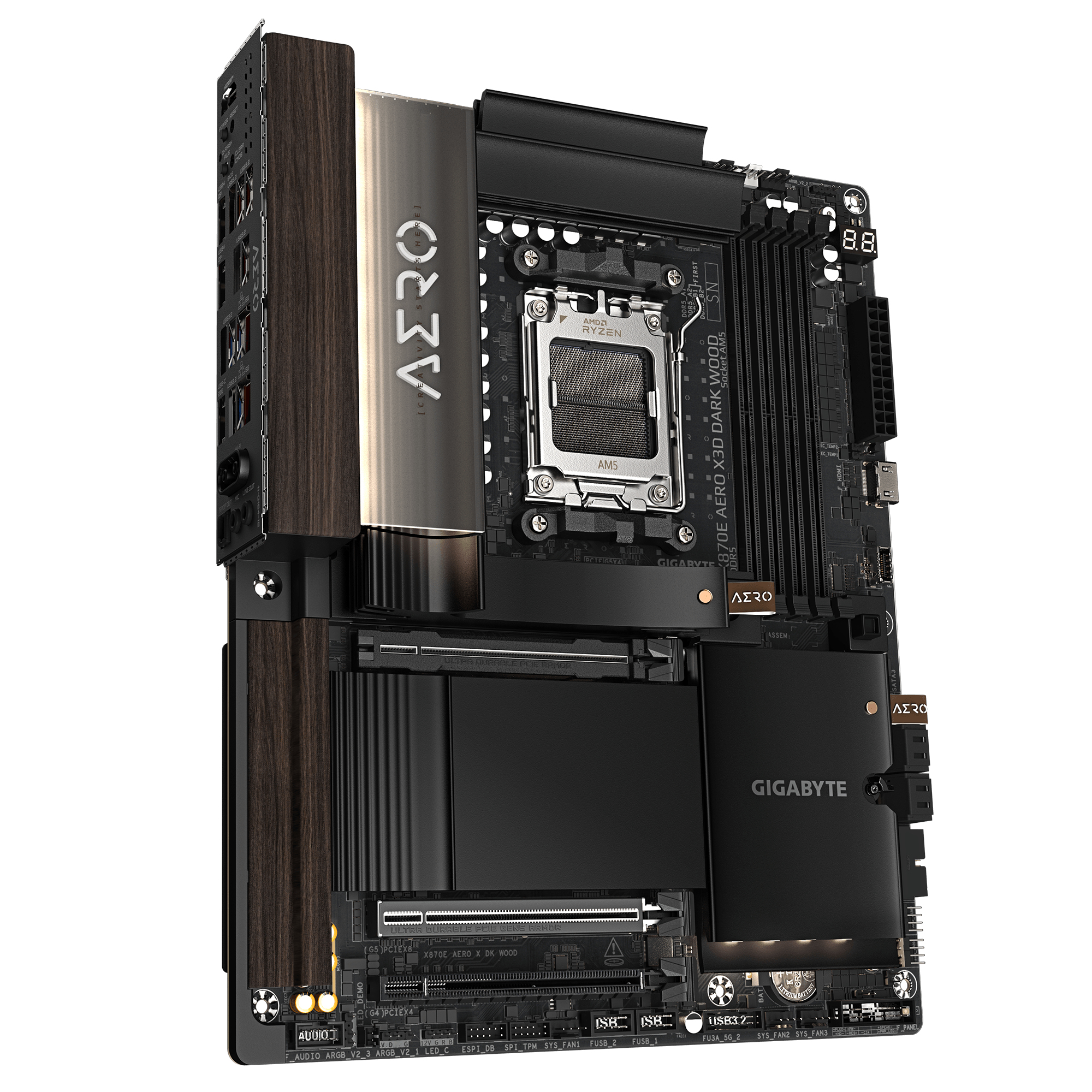 GIGABYTE X870E AERO X3D DARK WOOD Carte M�re Compatible avec les processeurs AMD Ryzen 9000, VRM num�rique 16+2+2 phases, jusqu � 9000 Hz DDR5 (OC), 2x PCIe 5.0 + 2x PCIe 4.0, Wi-Fi 7, LAN 5 GbE, USB 4