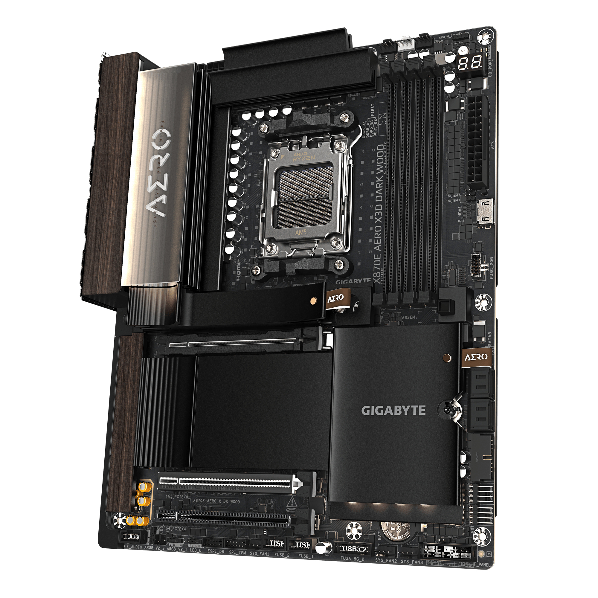 GIGABYTE X870E AERO X3D DARK WOOD Carte M�re Compatible avec les processeurs AMD Ryzen 9000, VRM num�rique 16+2+2 phases, jusqu � 9000 Hz DDR5 (OC), 2x PCIe 5.0 + 2x PCIe 4.0, Wi-Fi 7, LAN 5 GbE, USB 4