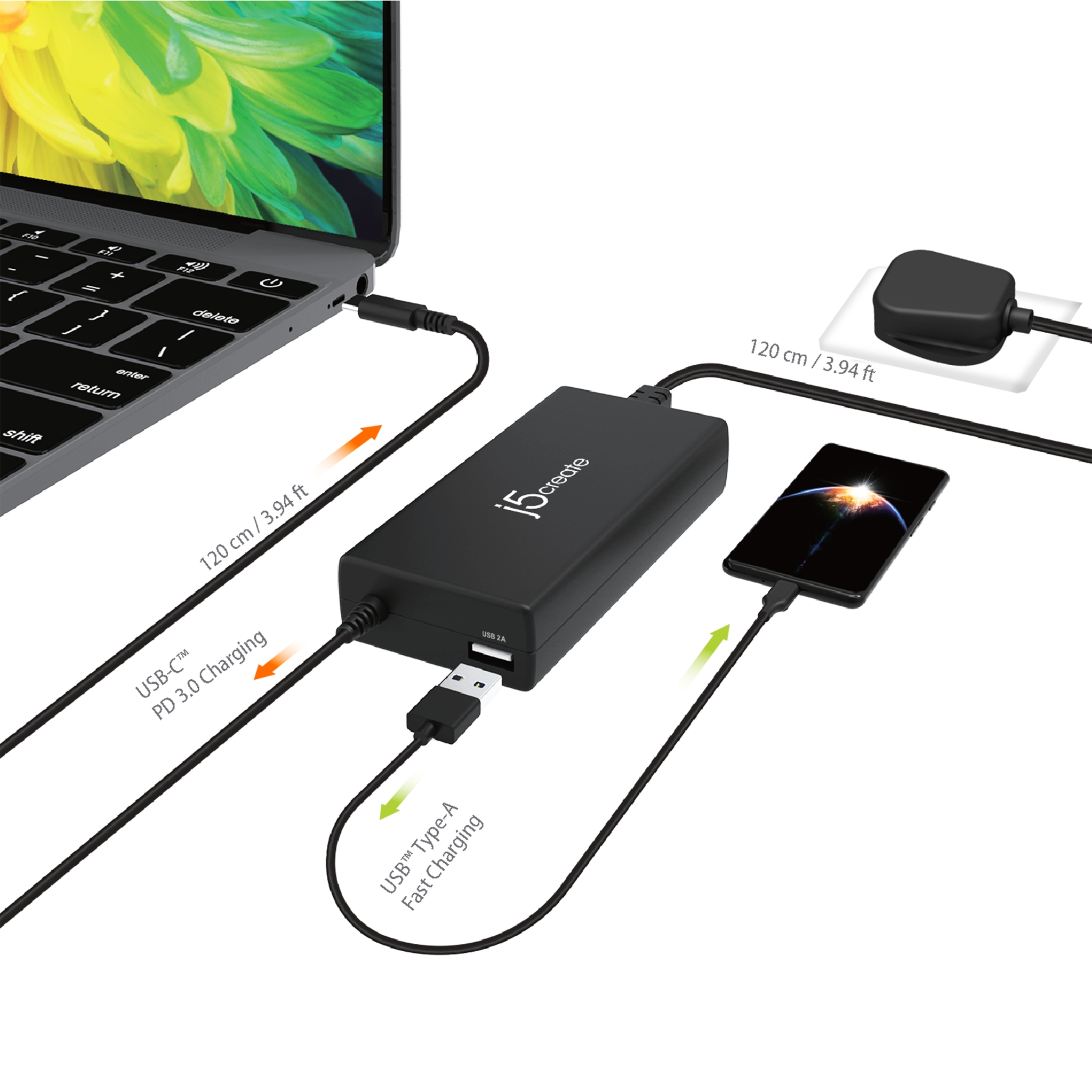 j5create JUP2290C-FN 100W PD USB-C� Super Charger - UK, Black, includes 1.2 m cable
